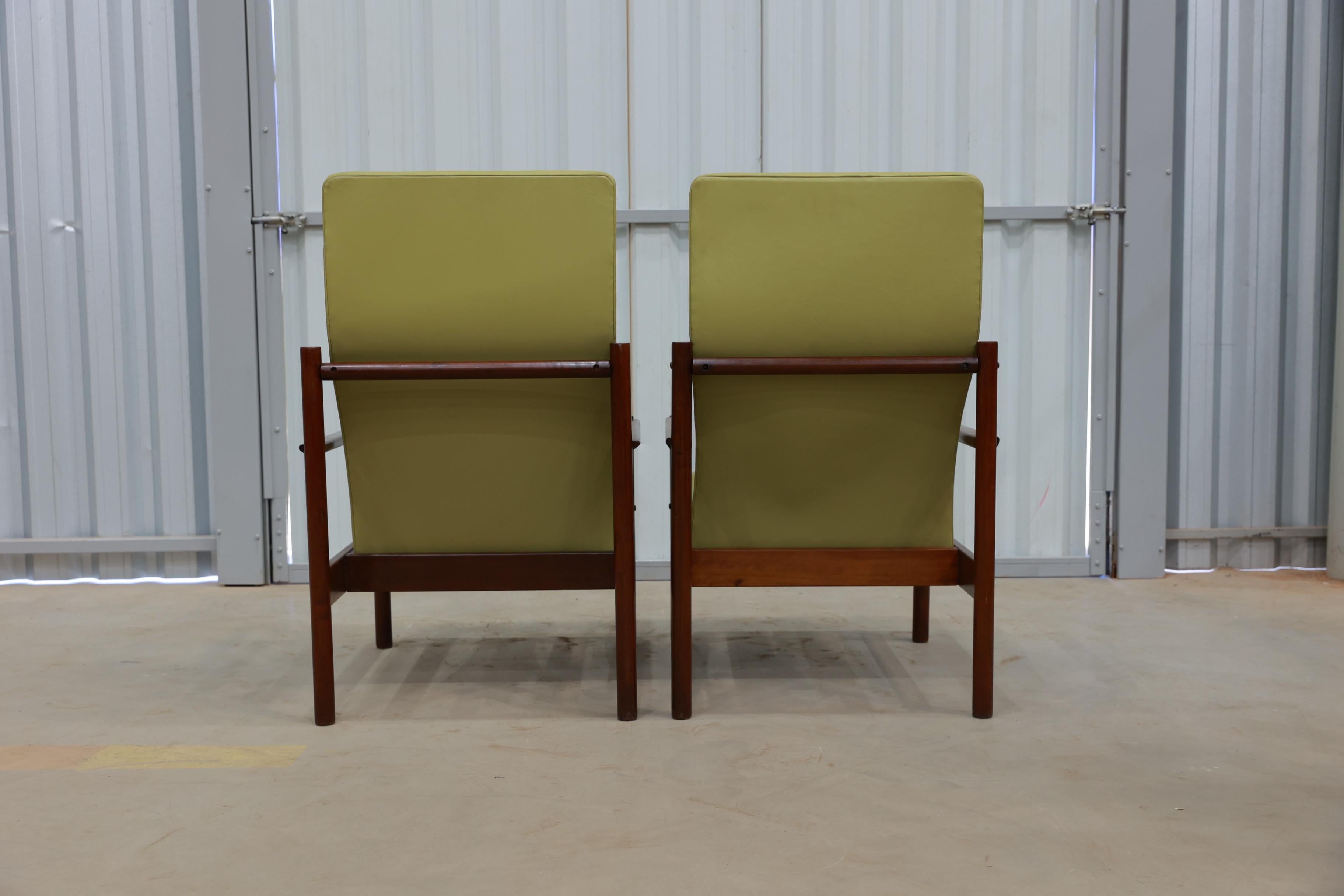 20th Century Mid-Century Modern Armchairs in Hardwood and Leather Michel Arnault, c. 1960s 
