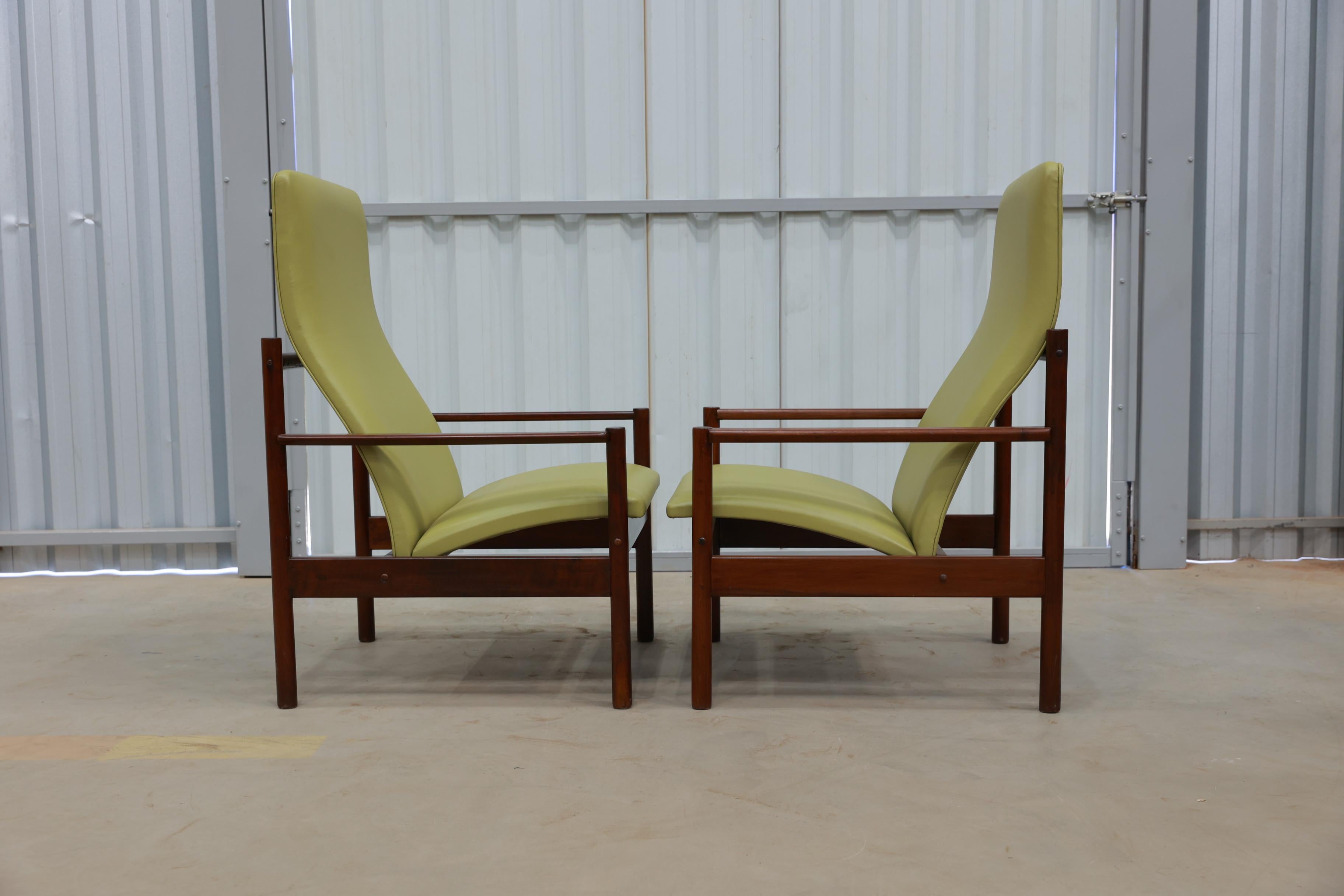 Mid-Century Modern Armchairs in Hardwood and Leather Michel Arnault, c. 1960s  1