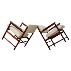 Brazilian Modern Pair of Armchairs in Rosewood & Beige Leather, Bureau, 1960s