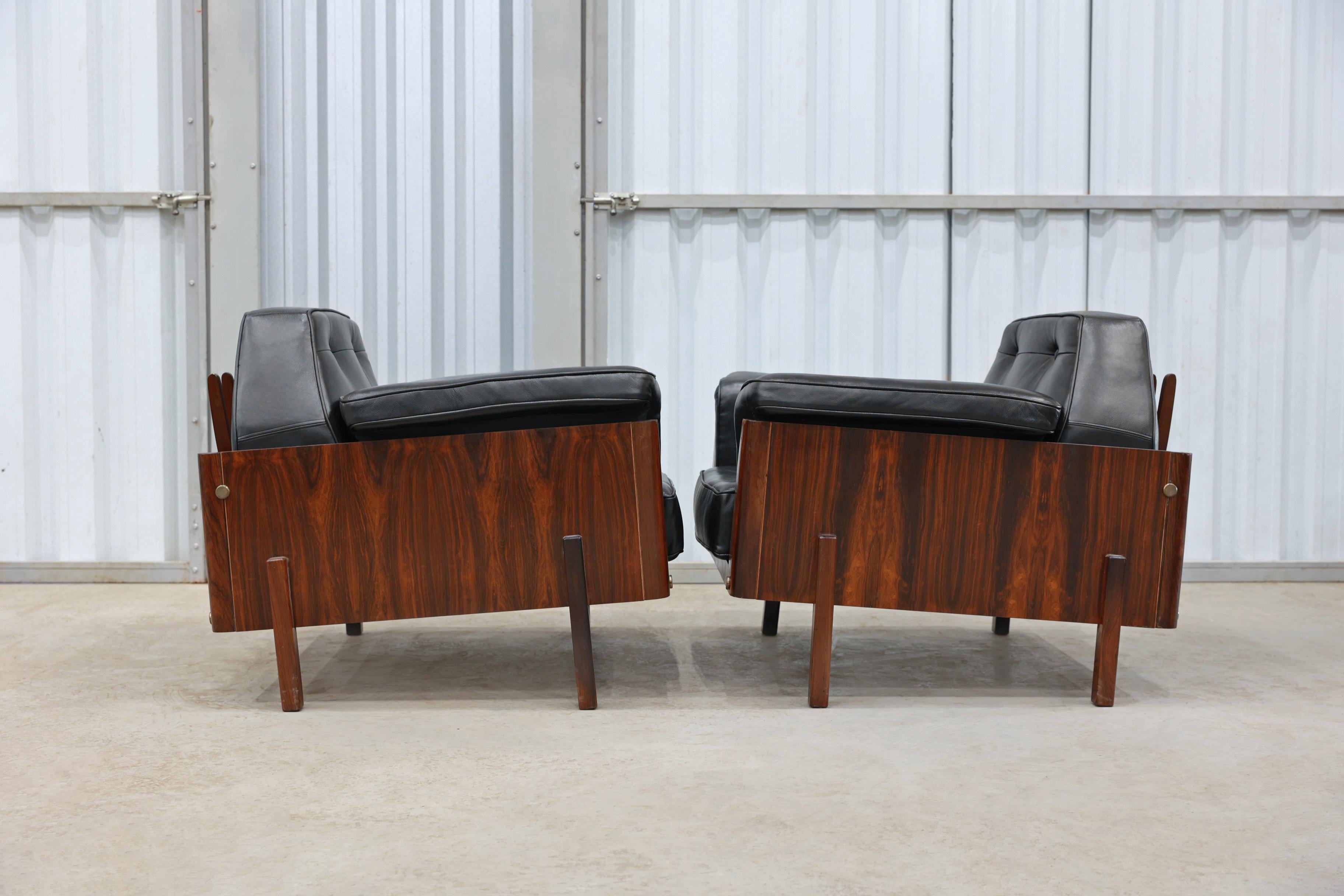 Mid-Century Modern Armchairs in Rosewood & Black Leather by Bertomeu, Brazil 1