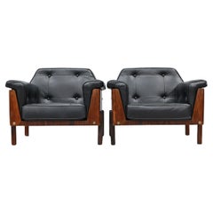 Vintage Mid-Century Modern Armchairs in Rosewood & Black Leather by Bertomeu, Brazil