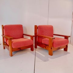 Mid Century Modern Armchairs, Spruce & Red Velvet, Italy, 1970