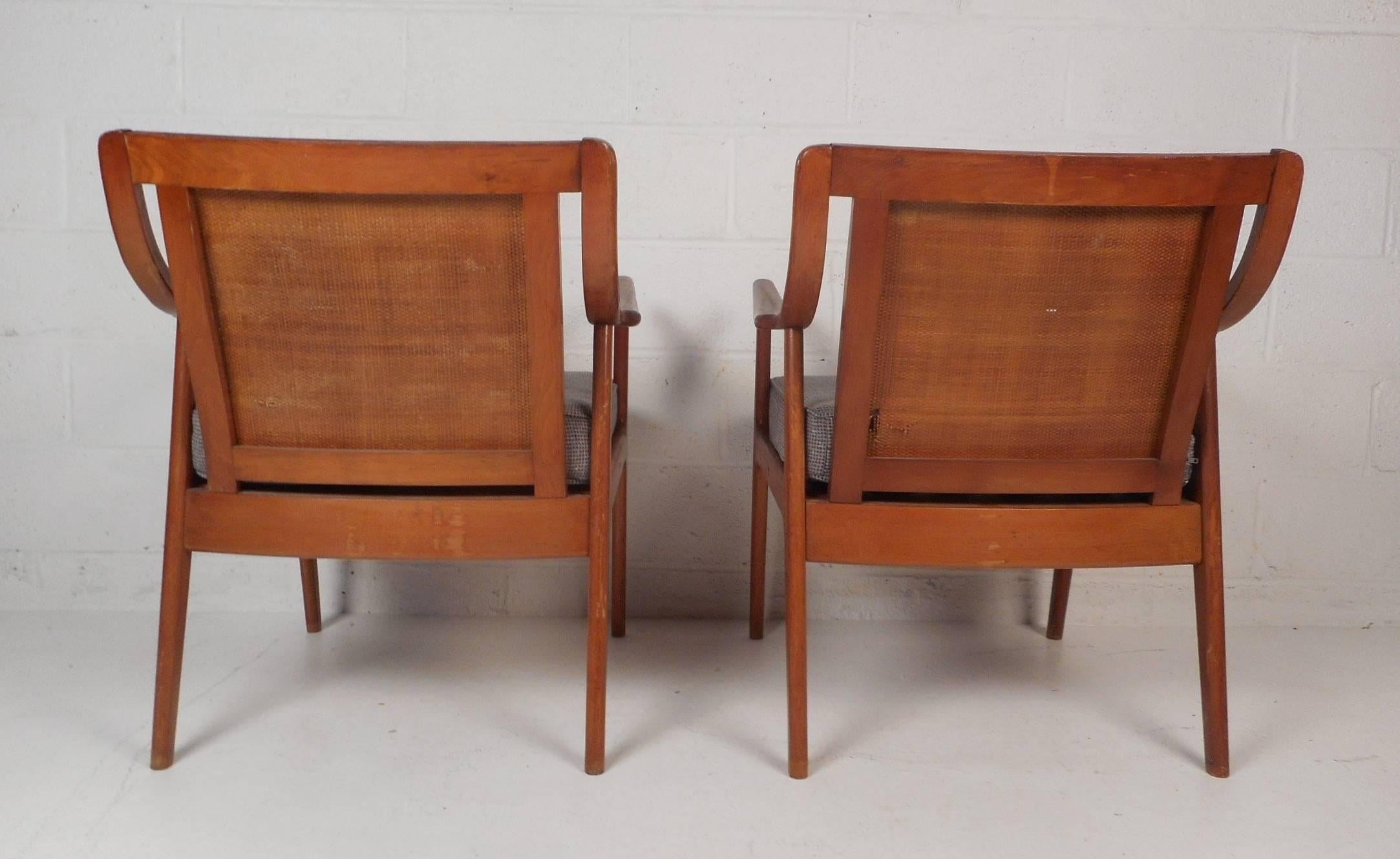 Upholstery Mid-Century Modern Armchairs with Cane Back Rests