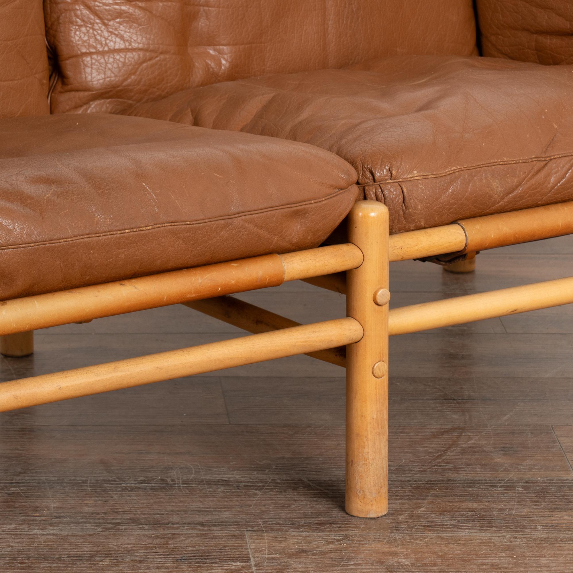 Brass Mid Century Modern Arne Norell Two Seat Vintage Brown Leather Sofa, Sweden