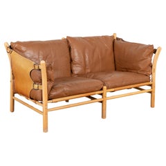 Mid Century Modern Arne Norell Two Seat Vintage Brown Leather Sofa, Sweden