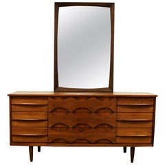 Mid-Century Modern Arne Vodder Style Danish 9 Drawer Credenza Dresser Mirror