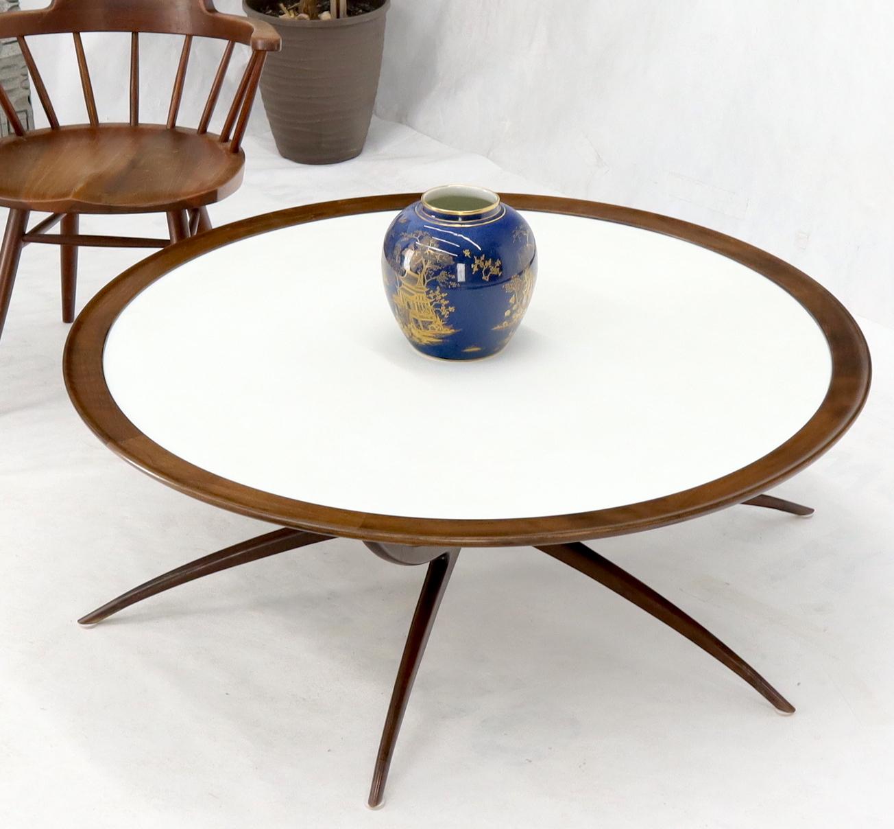 Mid-Century Modern Around Walnut Spider Base Coffee Table White Milk Glass Top In Good Condition For Sale In Rockaway, NJ