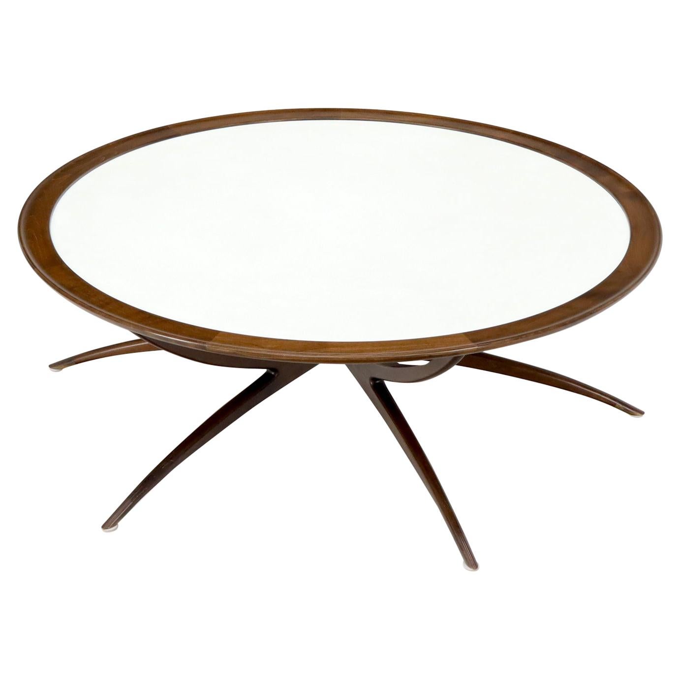 Mid-Century Modern Around Walnut Spider Base Coffee Table White Milk Glass Top For Sale