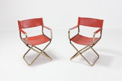 Mid-Century Modern Arrben Directors Chairs in Brass and Red Leather