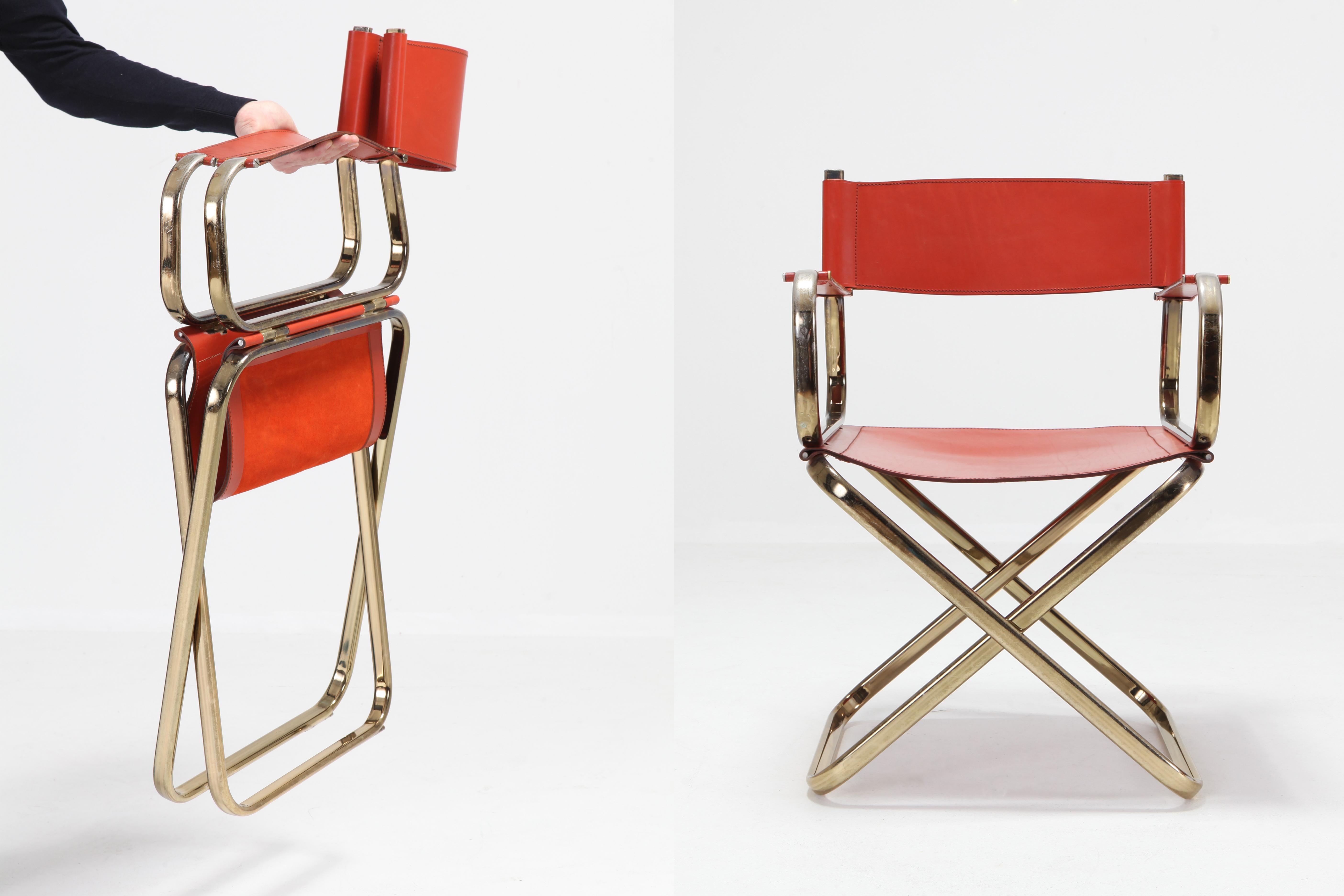 Hollywood Regency Mid-Century Modern Arrben Directors Chairs in Brass and Red Leather