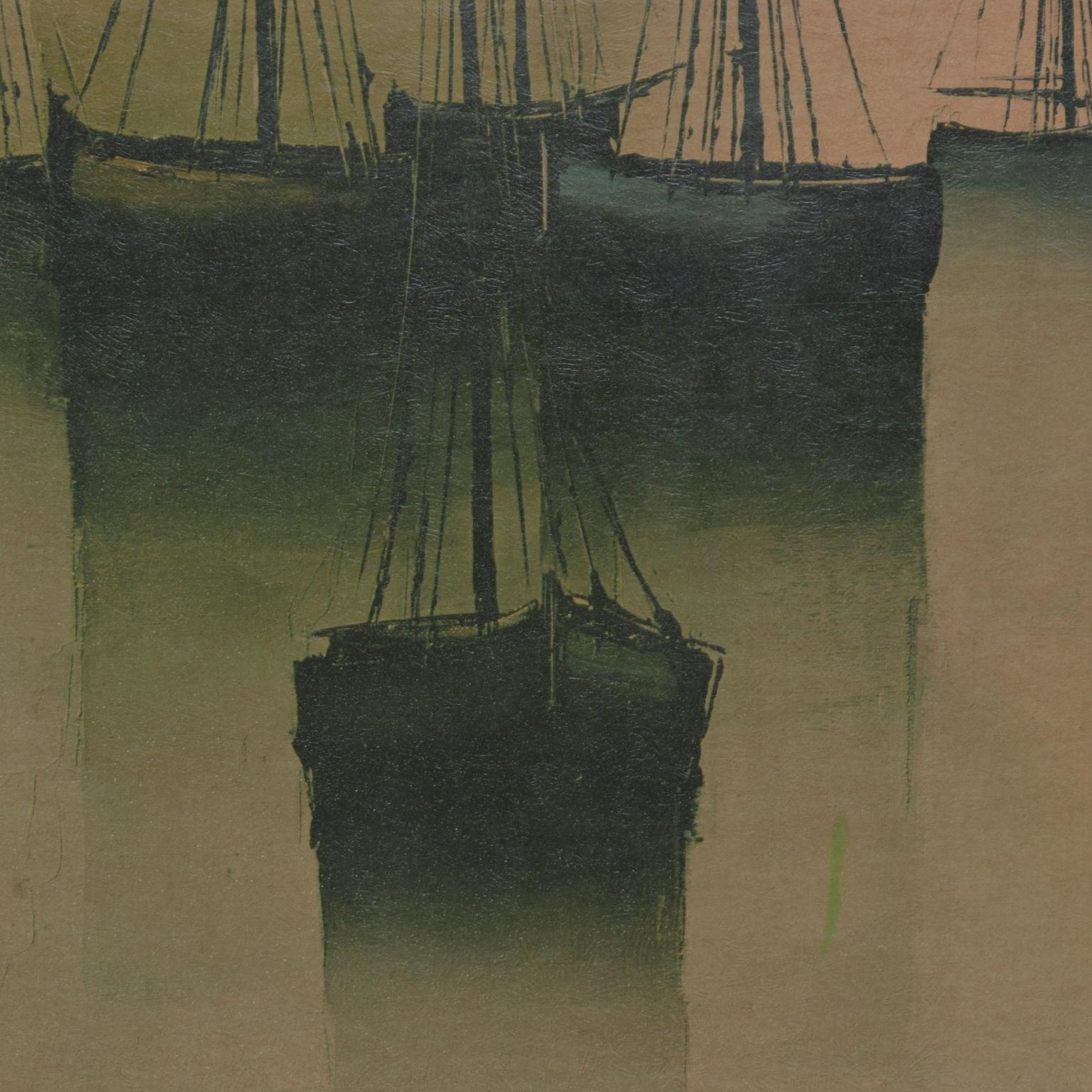 Mid-Century Modern Peinture à l'huile - Art moderne français des années 1960 par Gilbert Bria Sail Boats