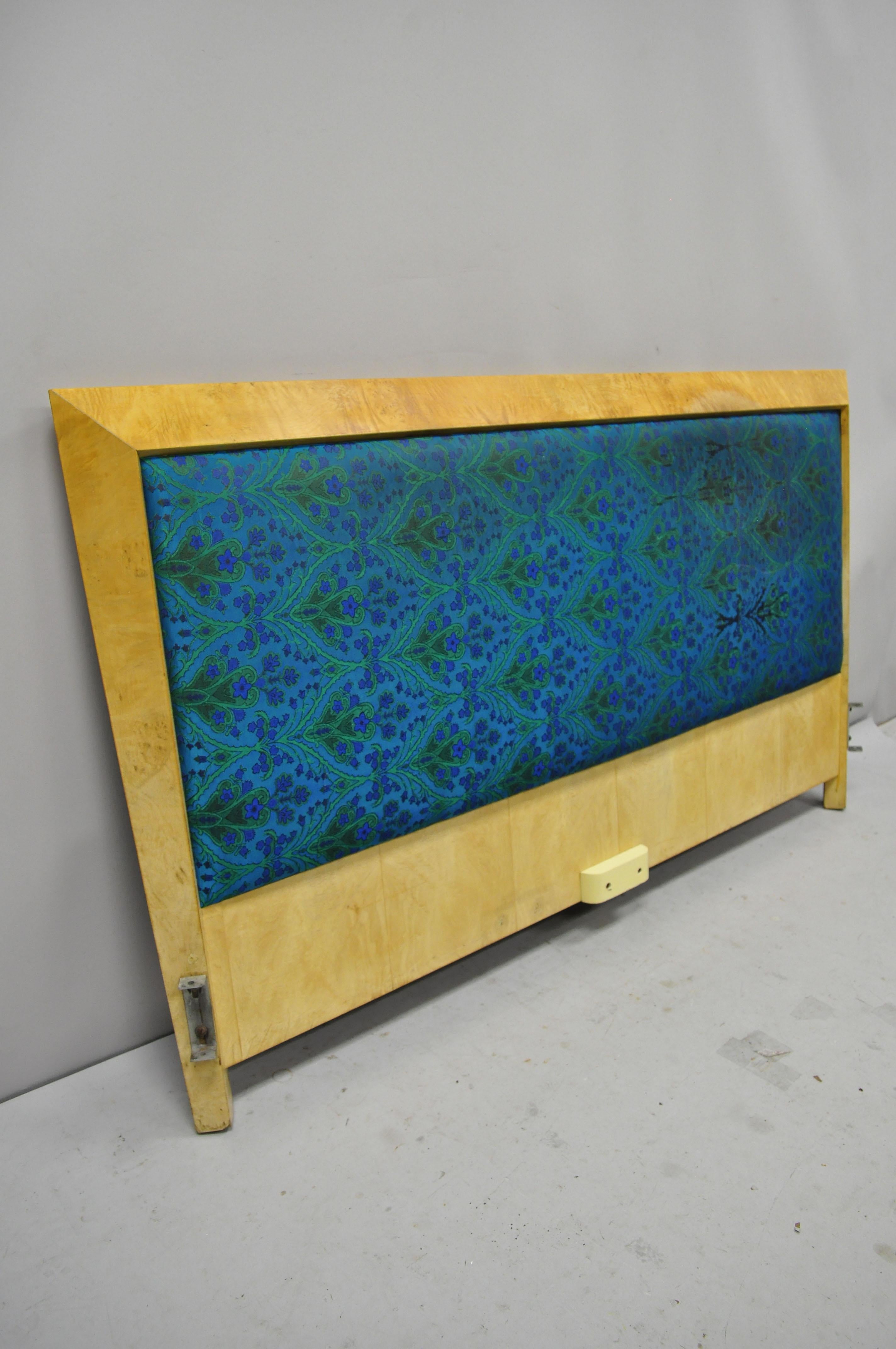 Mid-Century Modern Art Deco Burl Wood Queen Size Birdseye Maple Upholstered Headboard. Item features upholstered panel, beveled edges, queen size headboard, beautiful wood grain, quality American craftsmanship, low and sleek sculptural form. Circa