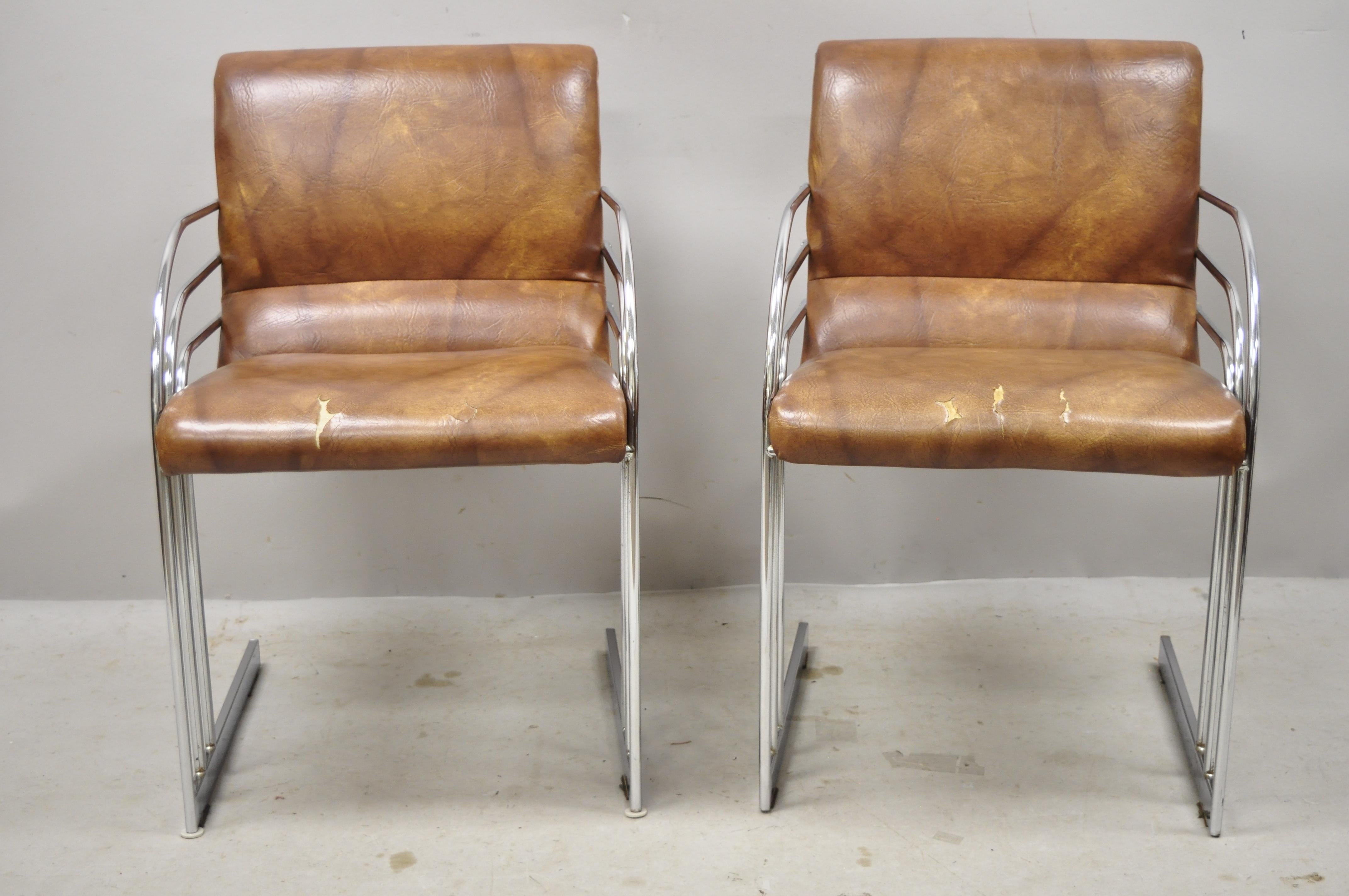 North American Mid-Century Modern Art Deco Chrome Cantilever Milo Baughman Armchairs, Pair