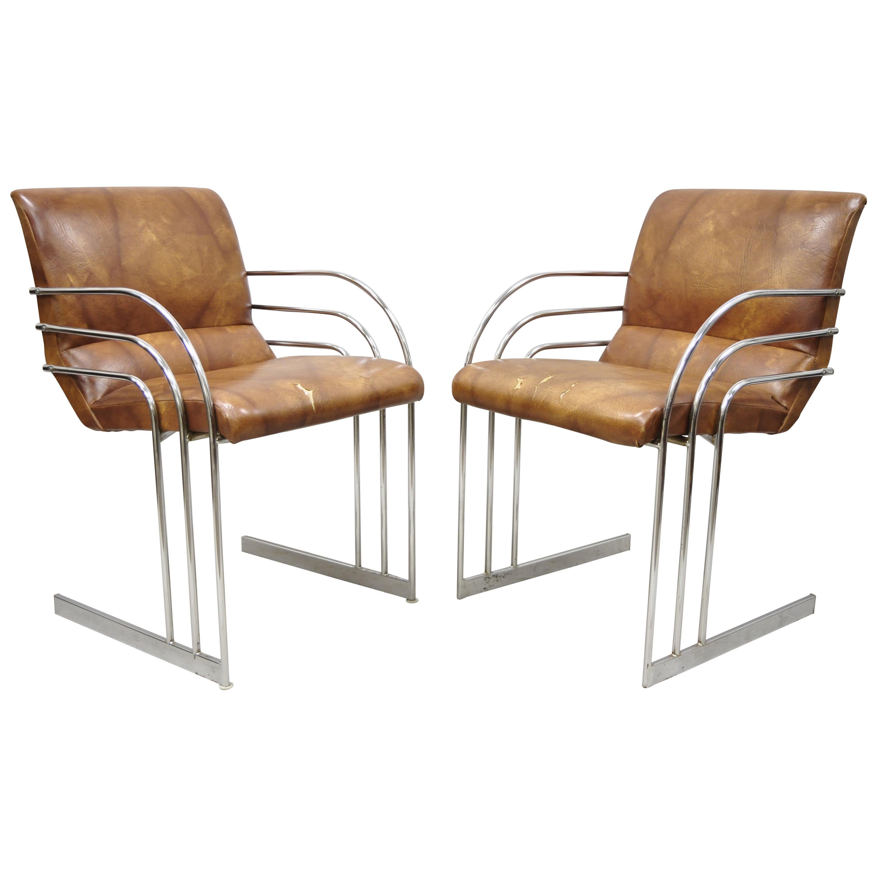 Mid-Century Modern Art Deco Chrome Cantilever Milo Baughman Armchairs, Pair