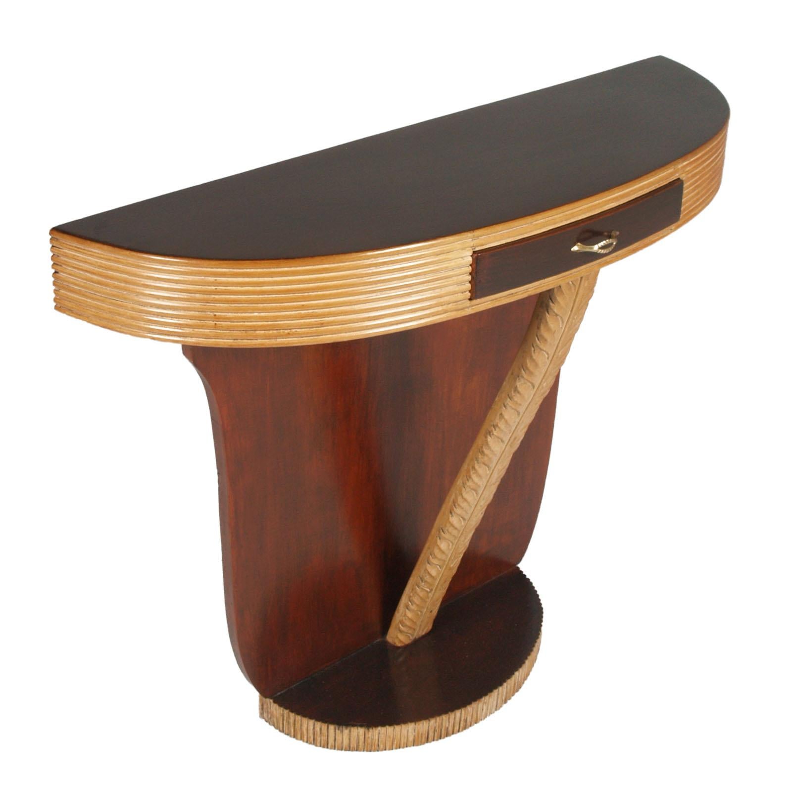 Mid Century Modern Art Deco console from Cantu, by Paolo Buffa, in solid hand carved carved maple and walnut veneered, handle in gilt brass. 
Measures cm: H 83, W 102, D 34

About Paolo Buffa
One of the greatest Mid Century Modern designers in