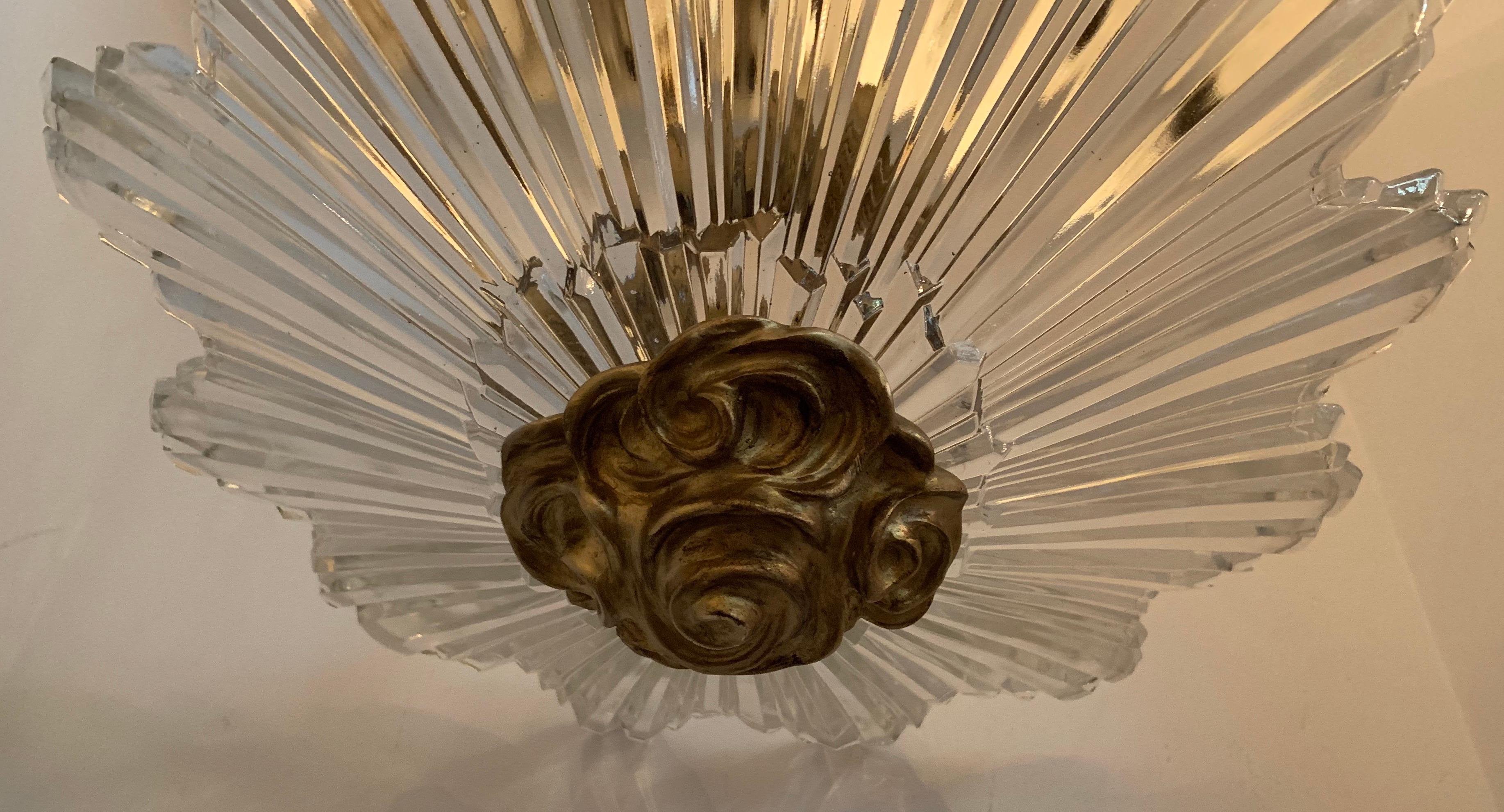 Mid-Century Modern Art Deco Crystal Starburst Shade Bronze Flush Mount Fixture In Good Condition In Roslyn, NY