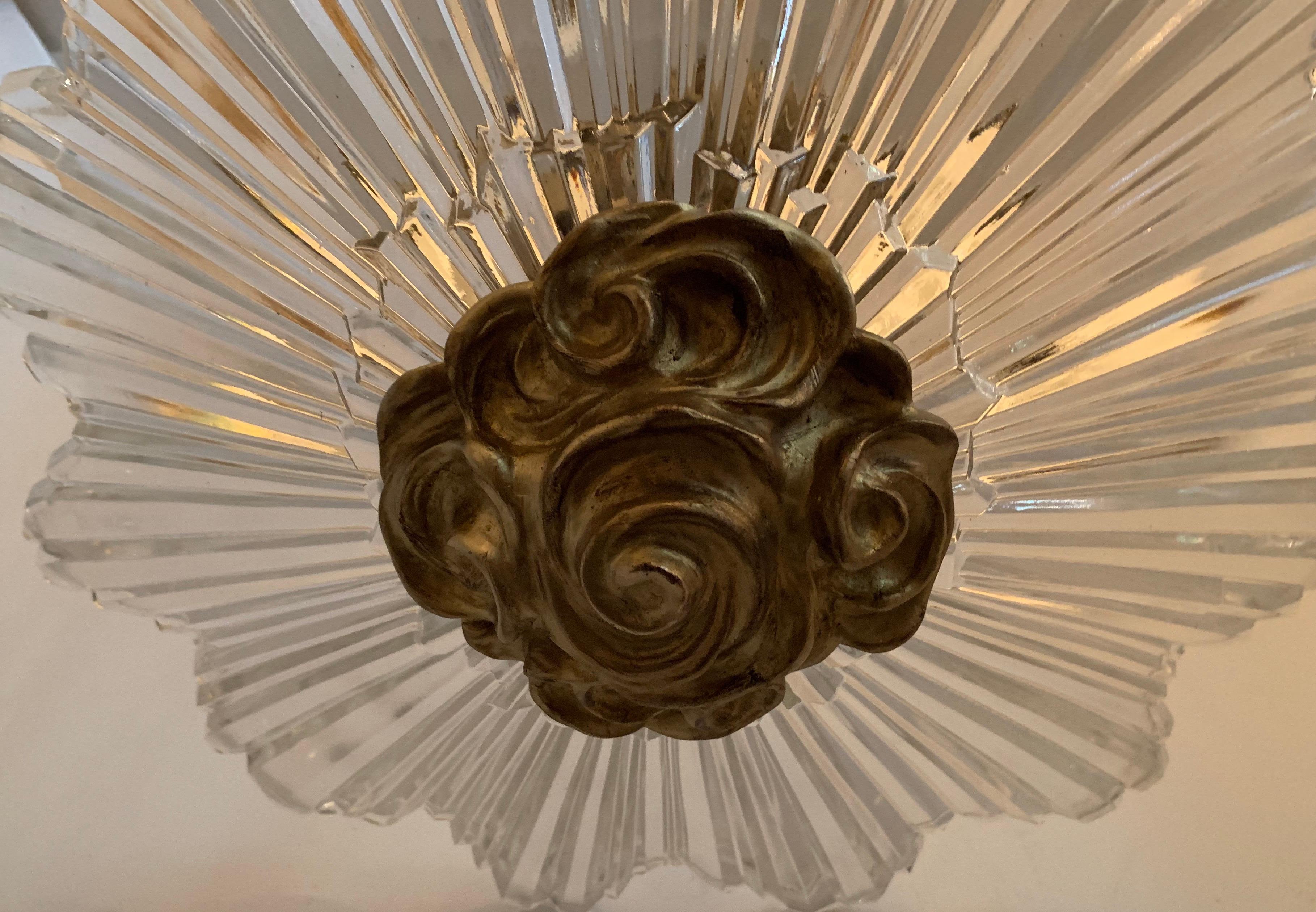 Mid-Century Modern Art Deco Crystal Starburst Shade Bronze Flush Mount Fixture 2