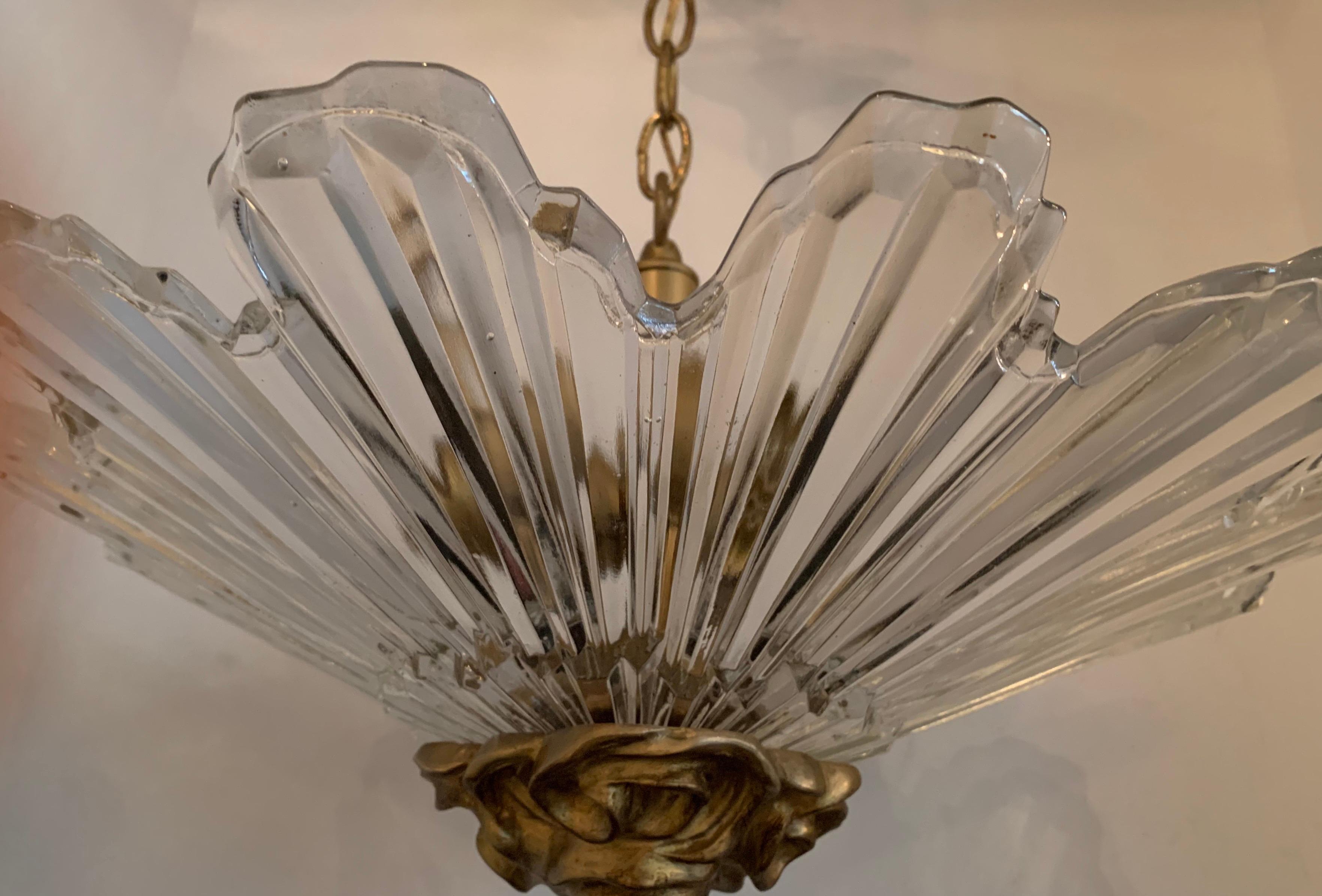 Mid-Century Modern Art Deco Crystal Starburst Shade Bronze Flush Mount Fixture 3