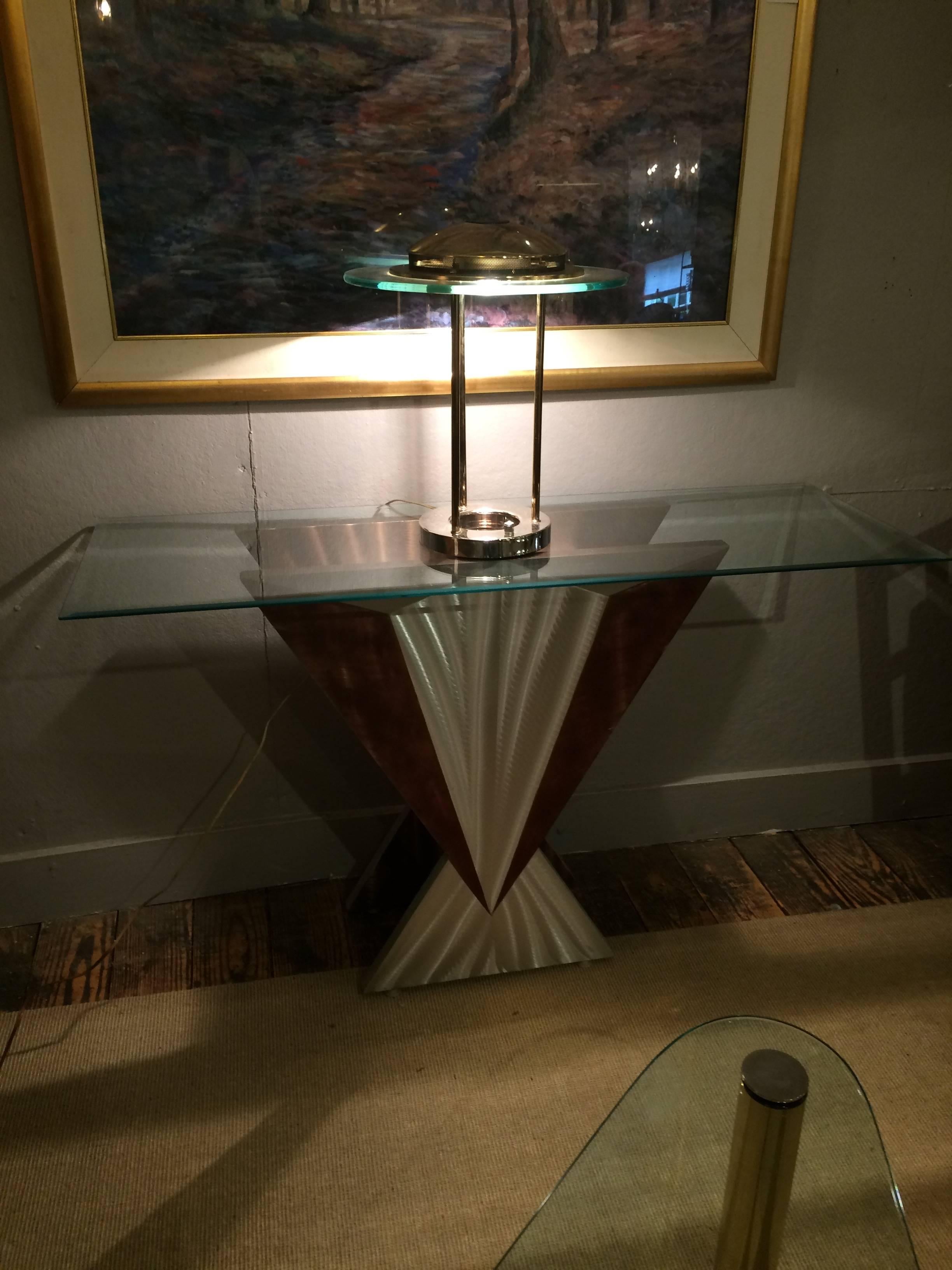 Mid-Century Modern Art Deco-Esque Brushed Steel Console Table In Excellent Condition In Hopewell, NJ