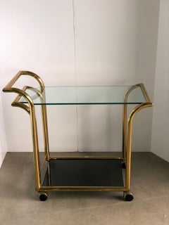 Art Deco Style 2-Tier Clear and Smoked Glass with Brass Frame Bar / Service Cart