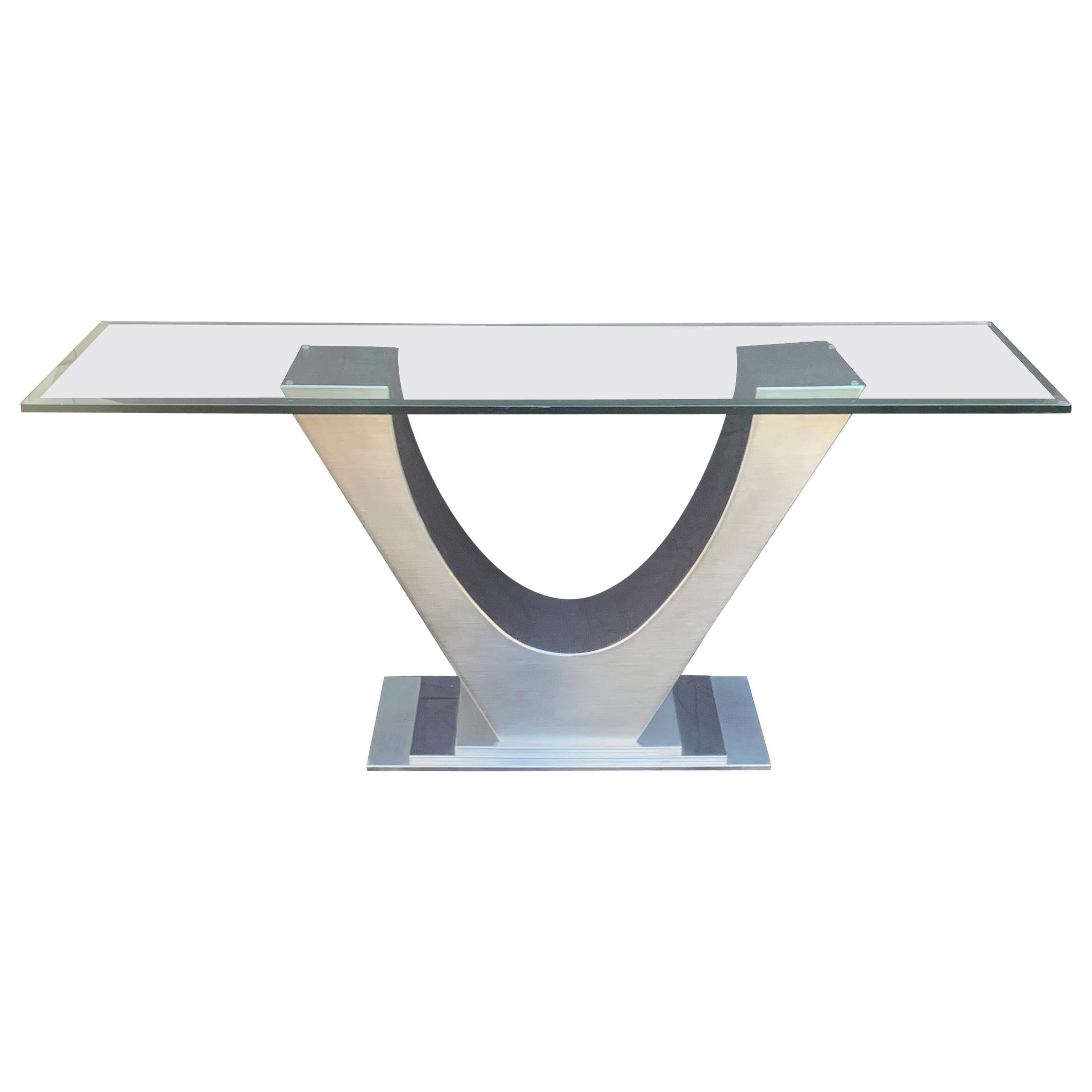Mid-Century Modern Art Deco Polished Brushed Nickel Glass Top Console Table