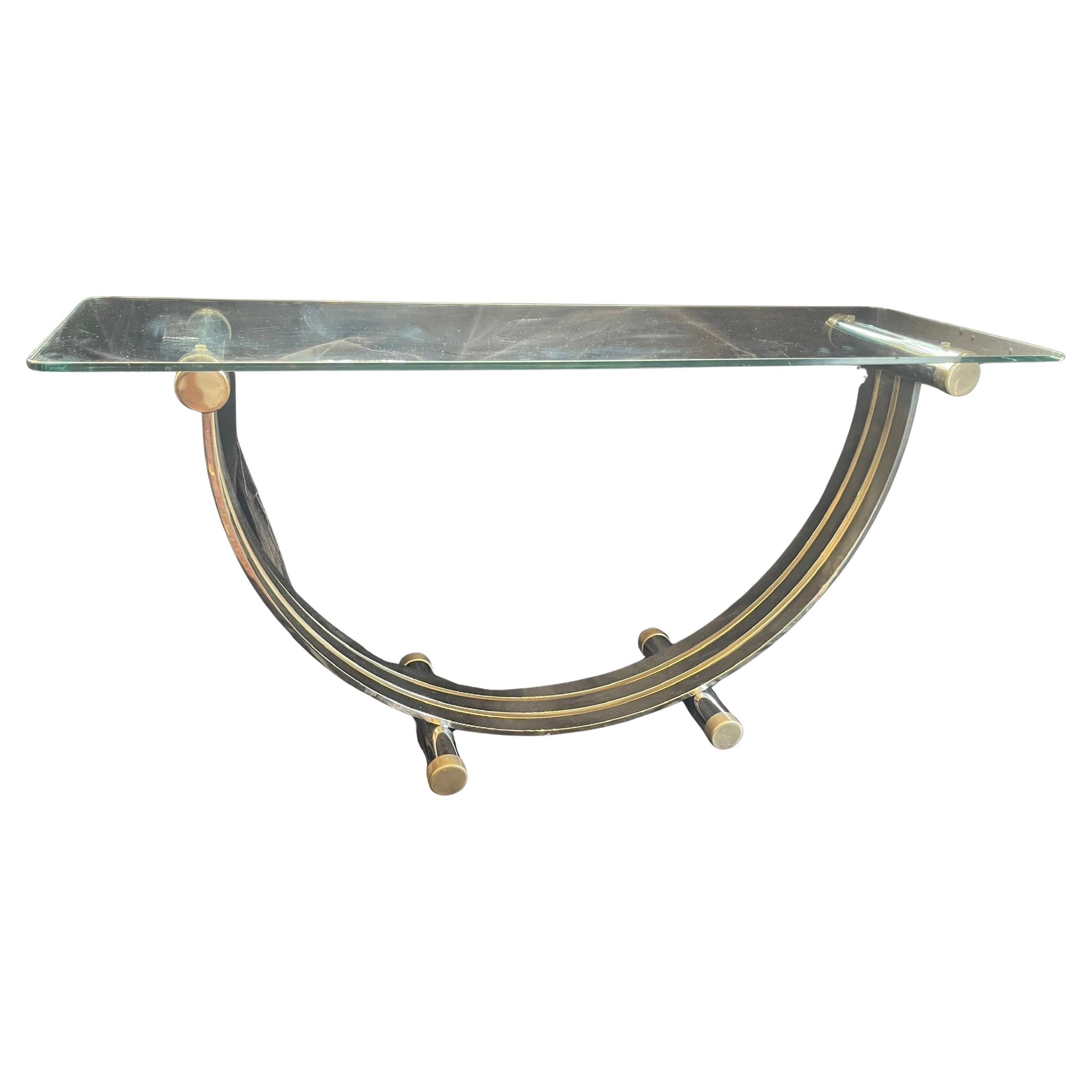 Mid-Century Modern Art Deco Polished Nickel Brass Glass Top Console Table For Sale