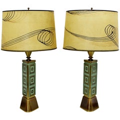 Mid-Century Modern Art Deco Regency Pair Brass Table Lamps Parzinger Era 1940s