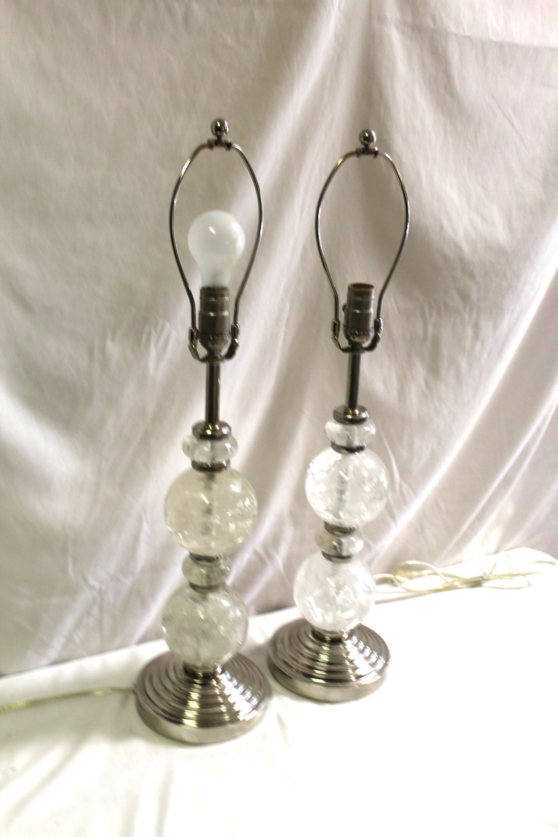 Mid Century/Modern/ Art Deco Rock Crystal Ball lamps   pair   Nickel For Sale 4