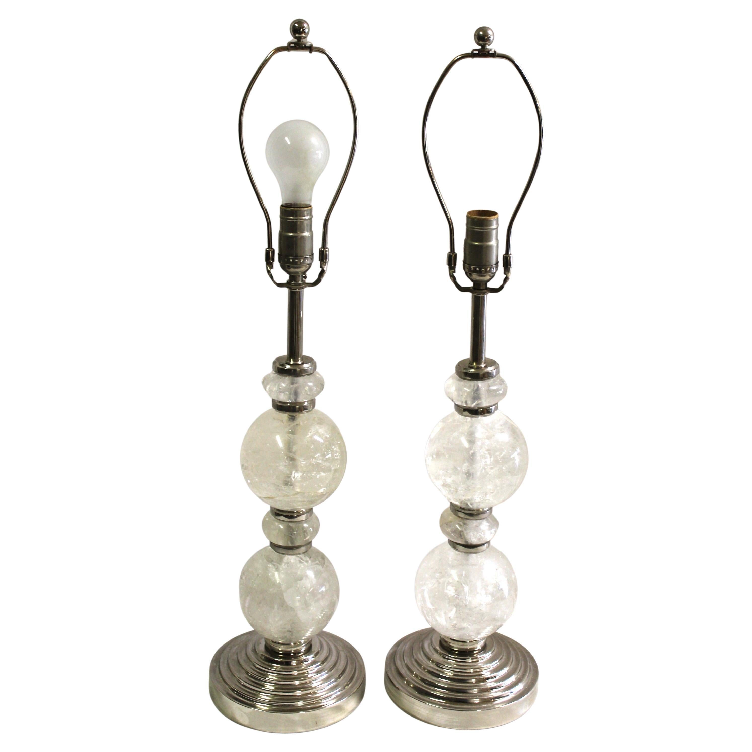 Mid Century/Modern/ Art Deco Rock Crystal Ball lamps   pair   Nickel For Sale