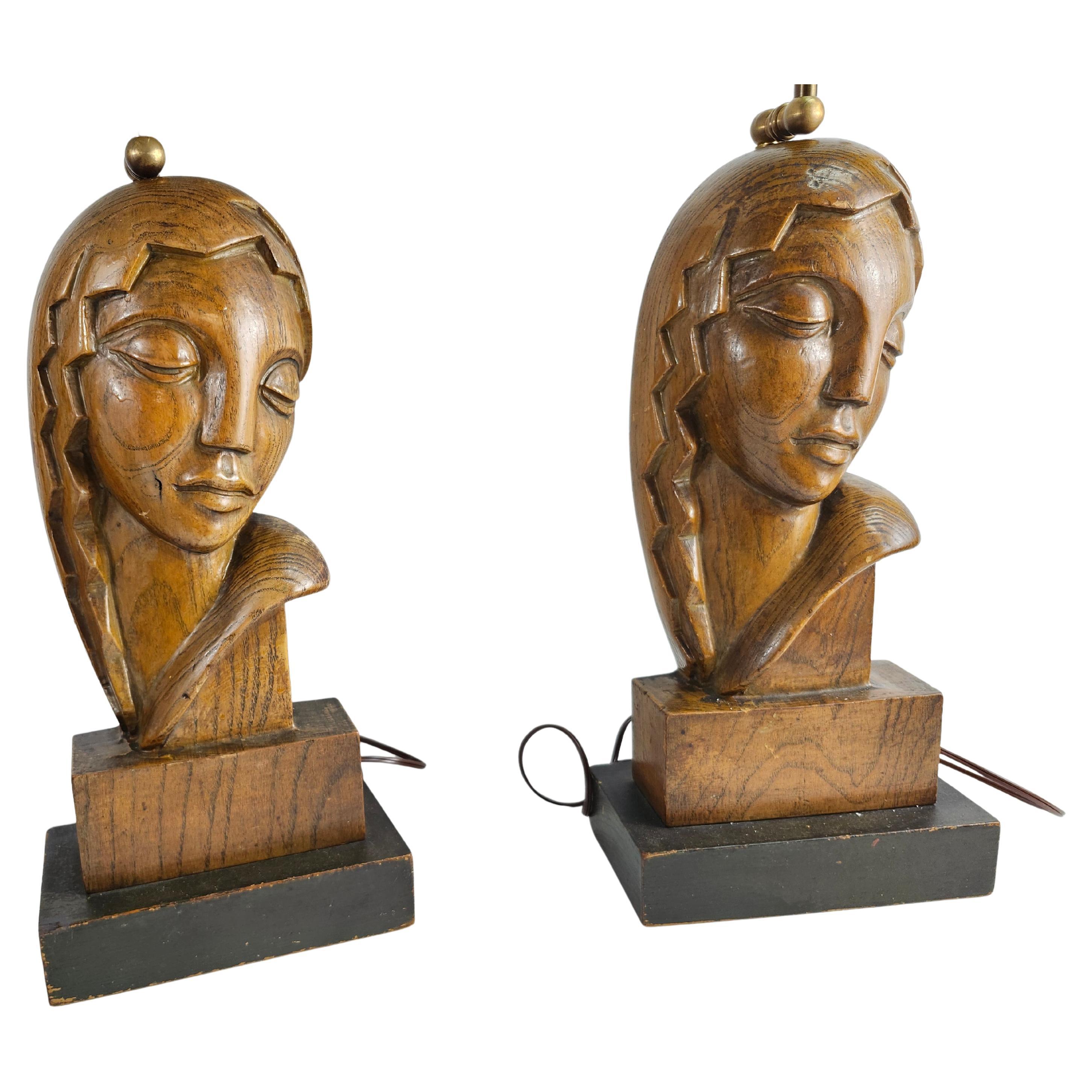 Mid Century Modern Art Deco Pair of Carved Wooden Table Lamps Ladies Heads For Sale 3