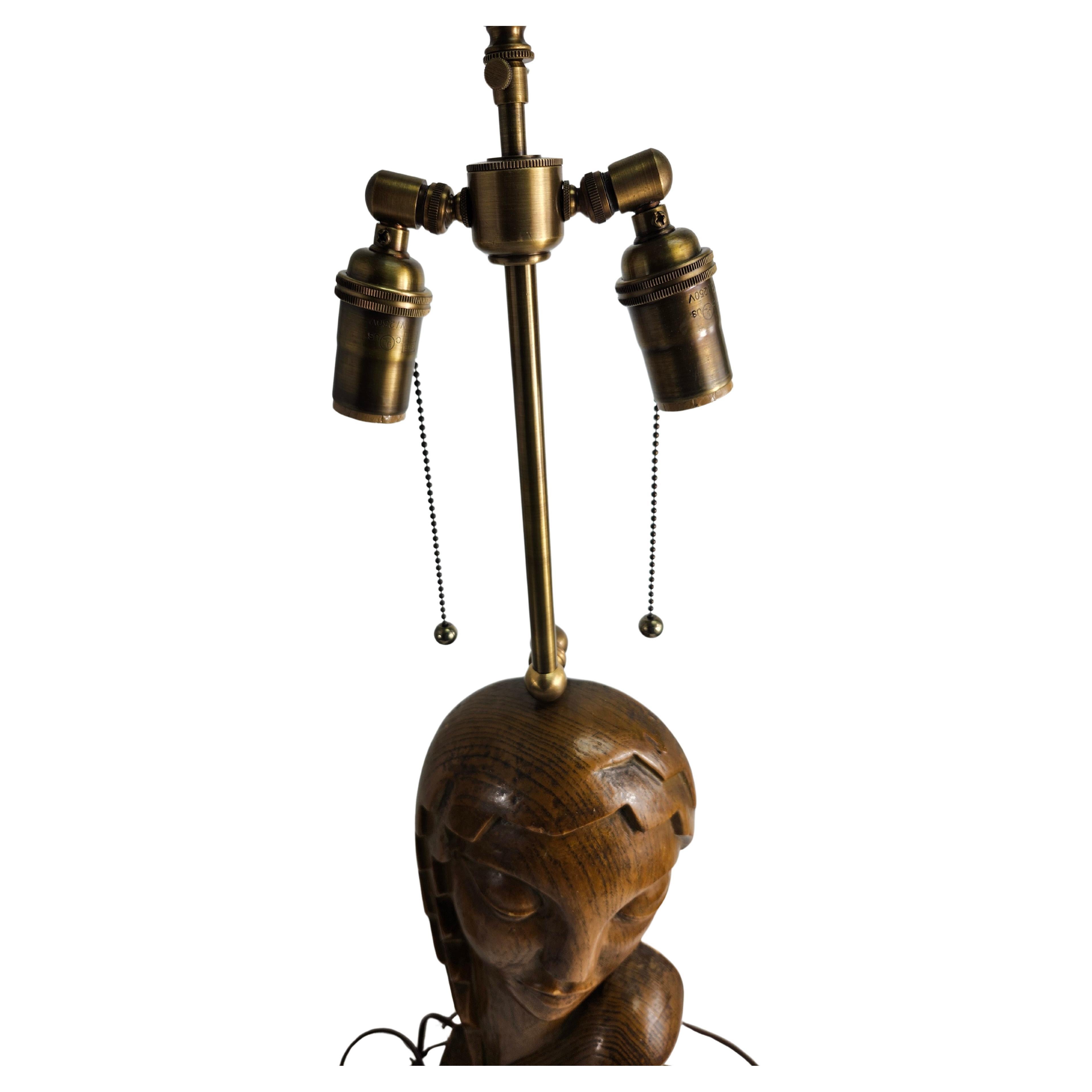 American Mid Century Modern Art Deco Pair of Carved Wooden Table Lamps Ladies Heads For Sale