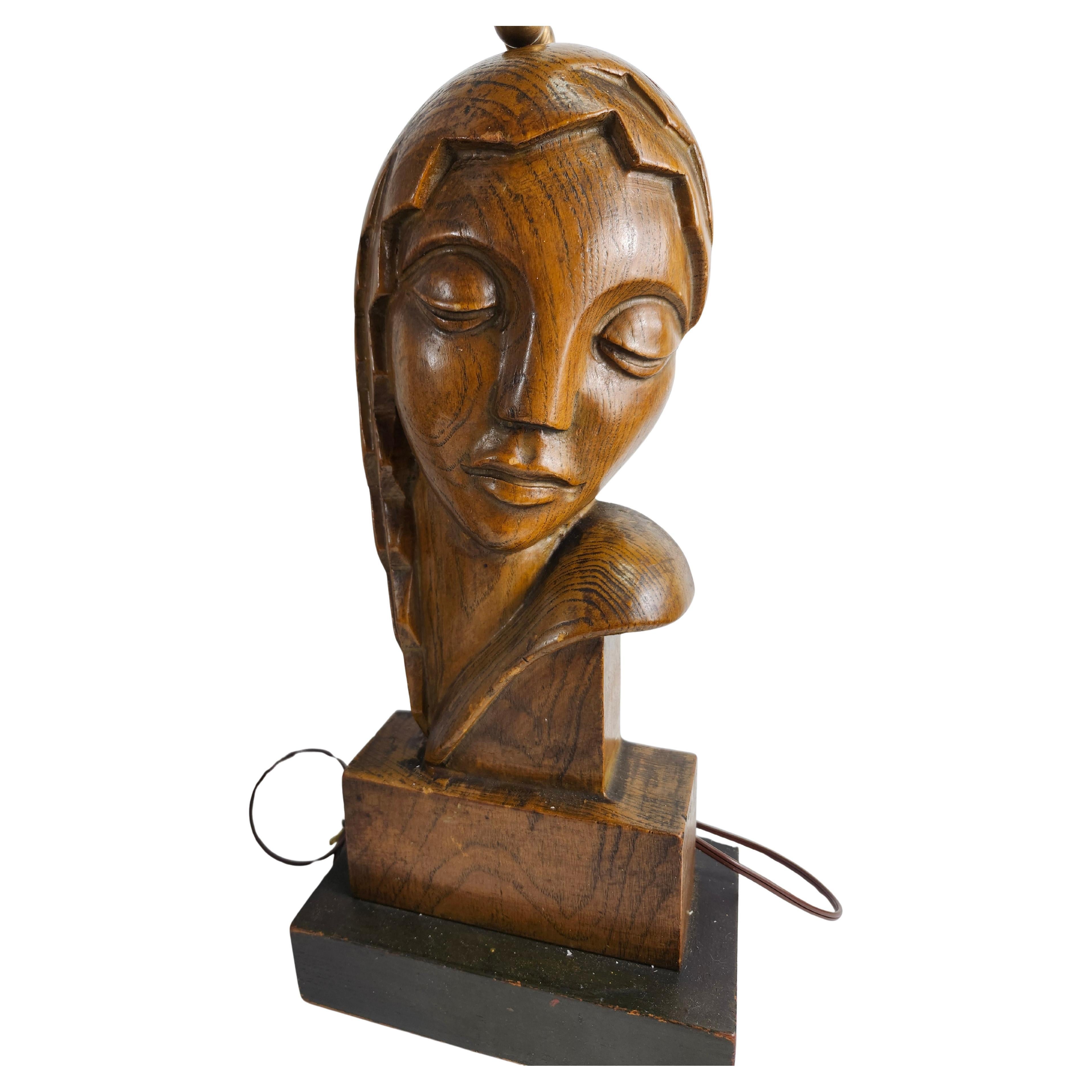 Mid Century Modern Art Deco Pair of Carved Wooden Table Lamps Ladies Heads In Good Condition For Sale In Port Jervis, NY
