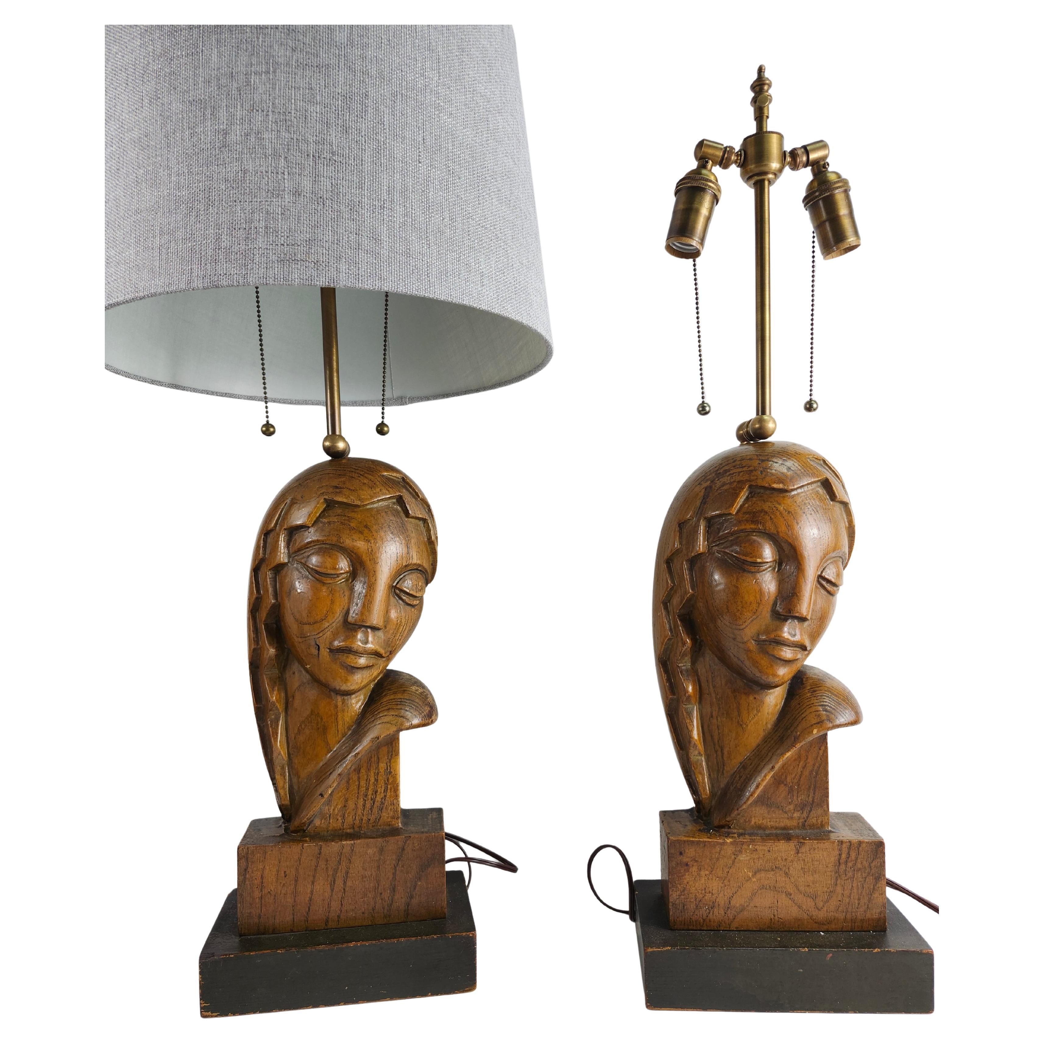 Mid-20th Century Mid Century Modern Art Deco Pair of Carved Wooden Table Lamps Ladies Heads For Sale