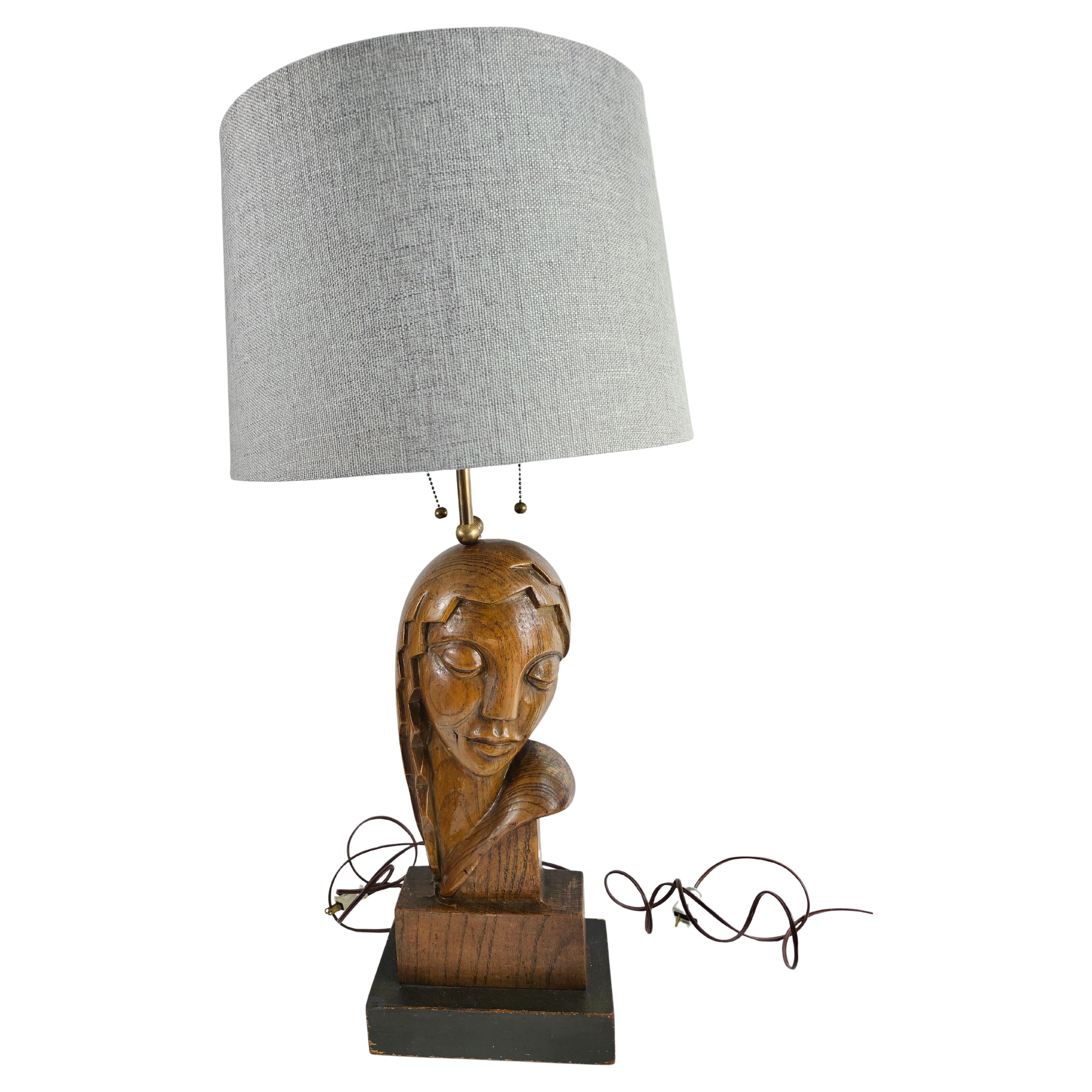 Brass Mid Century Modern Art Deco Pair of Carved Wooden Table Lamps Ladies Heads For Sale