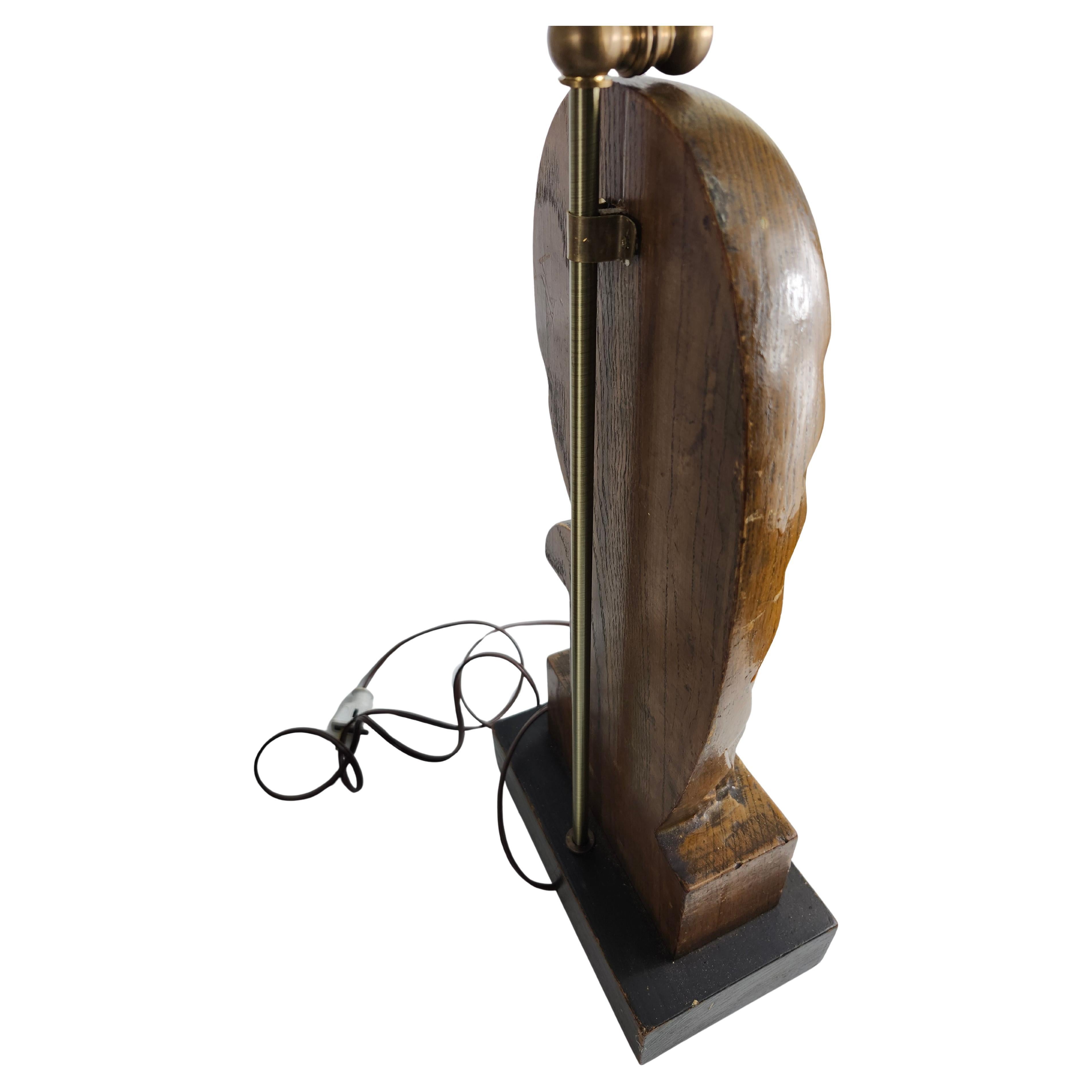 Mid Century Modern Art Deco Pair of Carved Wooden Table Lamps Ladies Heads For Sale 1