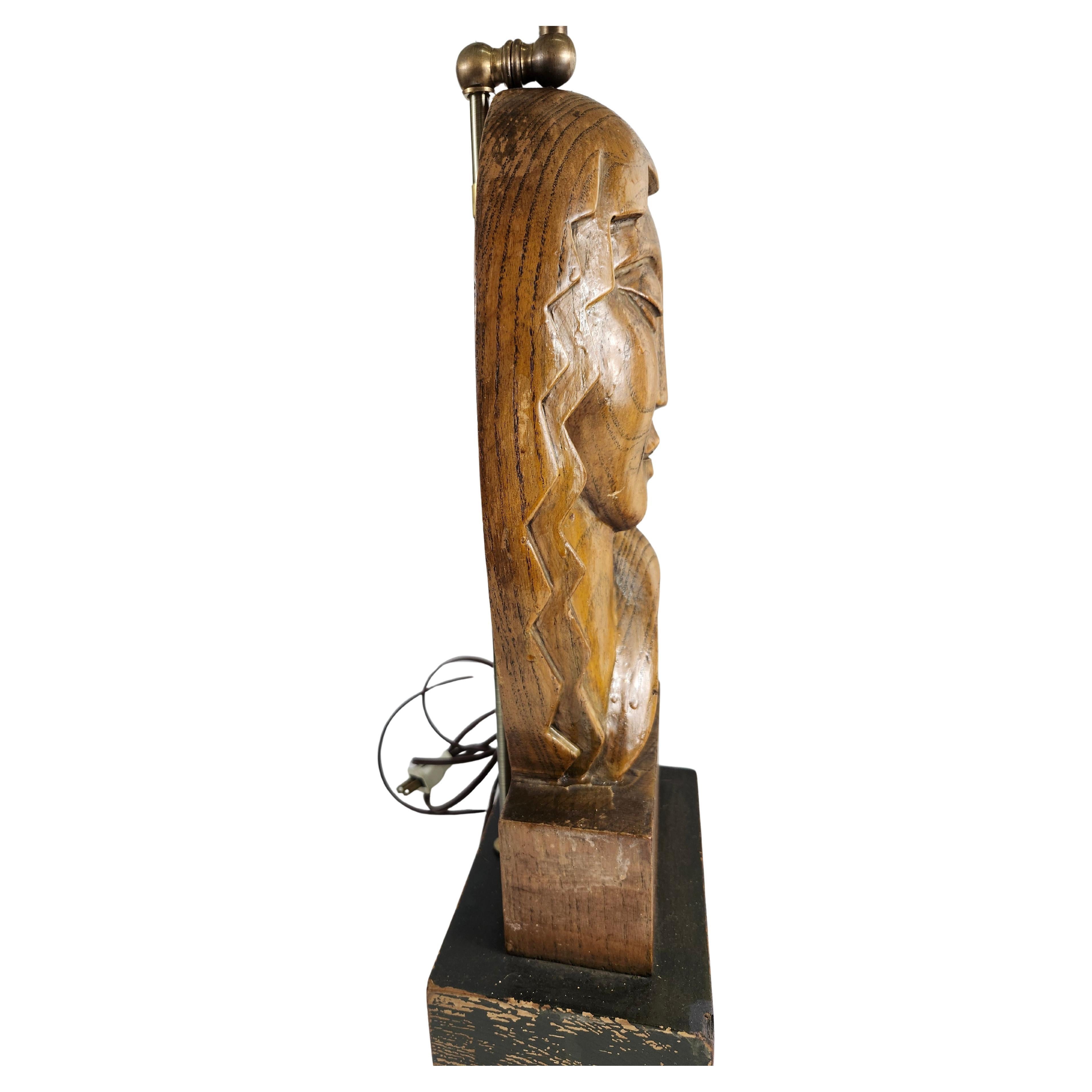 Mid Century Modern Art Deco Pair of Carved Wooden Table Lamps Ladies Heads For Sale 2