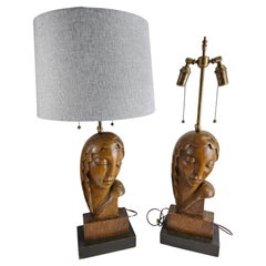Mid Century Modern Art Deco Pair of Carved Wooden Table Lamps Ladies Heads