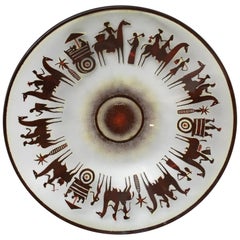 Mid-Century Modern Art Glass Acid Cut Tribal Scene Bowl by Maurice Heaton