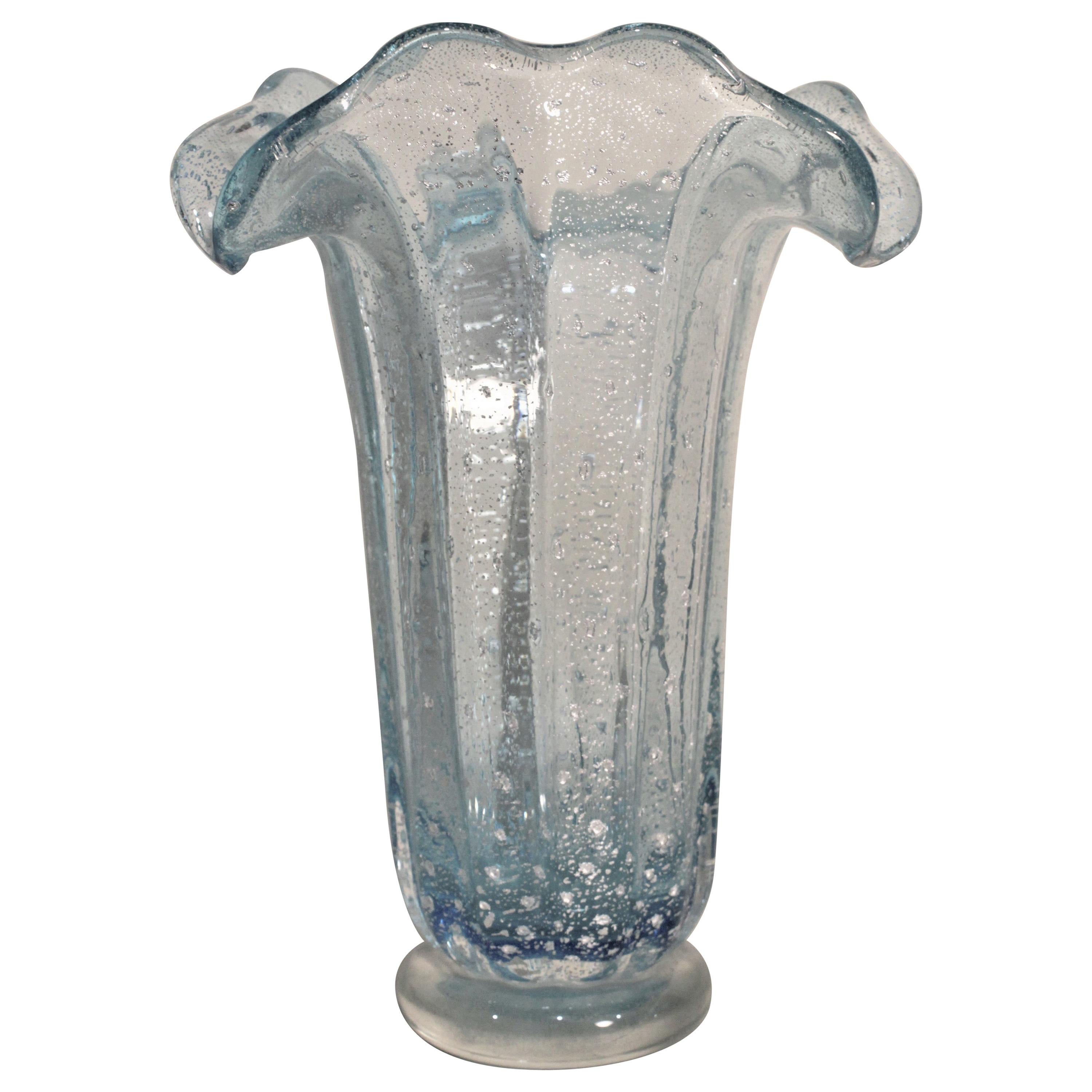 Mid-Century Modern Art Glass Aqua Blue Murano Vase Attributed to Barovier For Sale