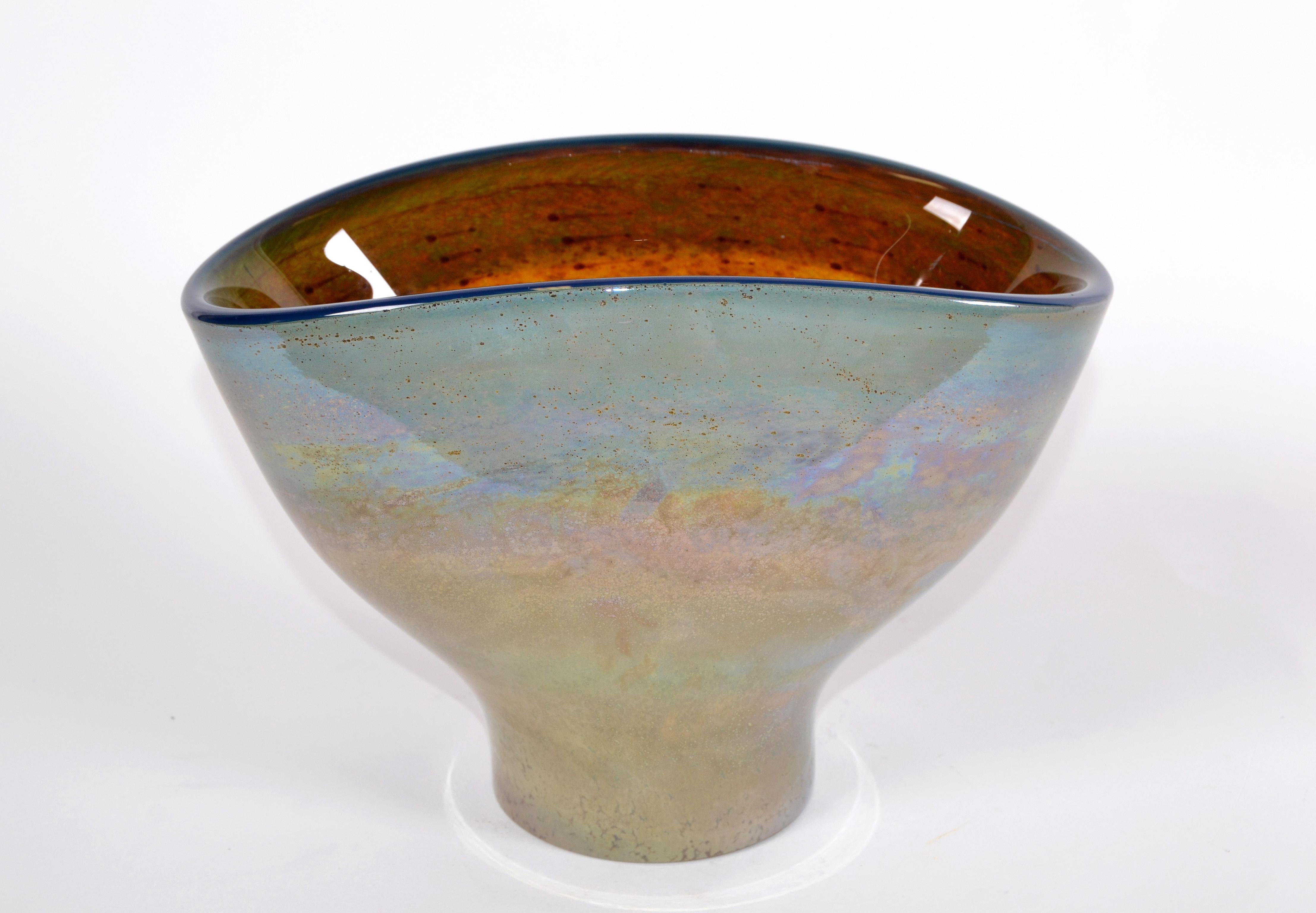 Hand-Crafted Mid-Century Modern Art Glass Bowl Green, Blue & Bronze Dust Made in Poland, 1980