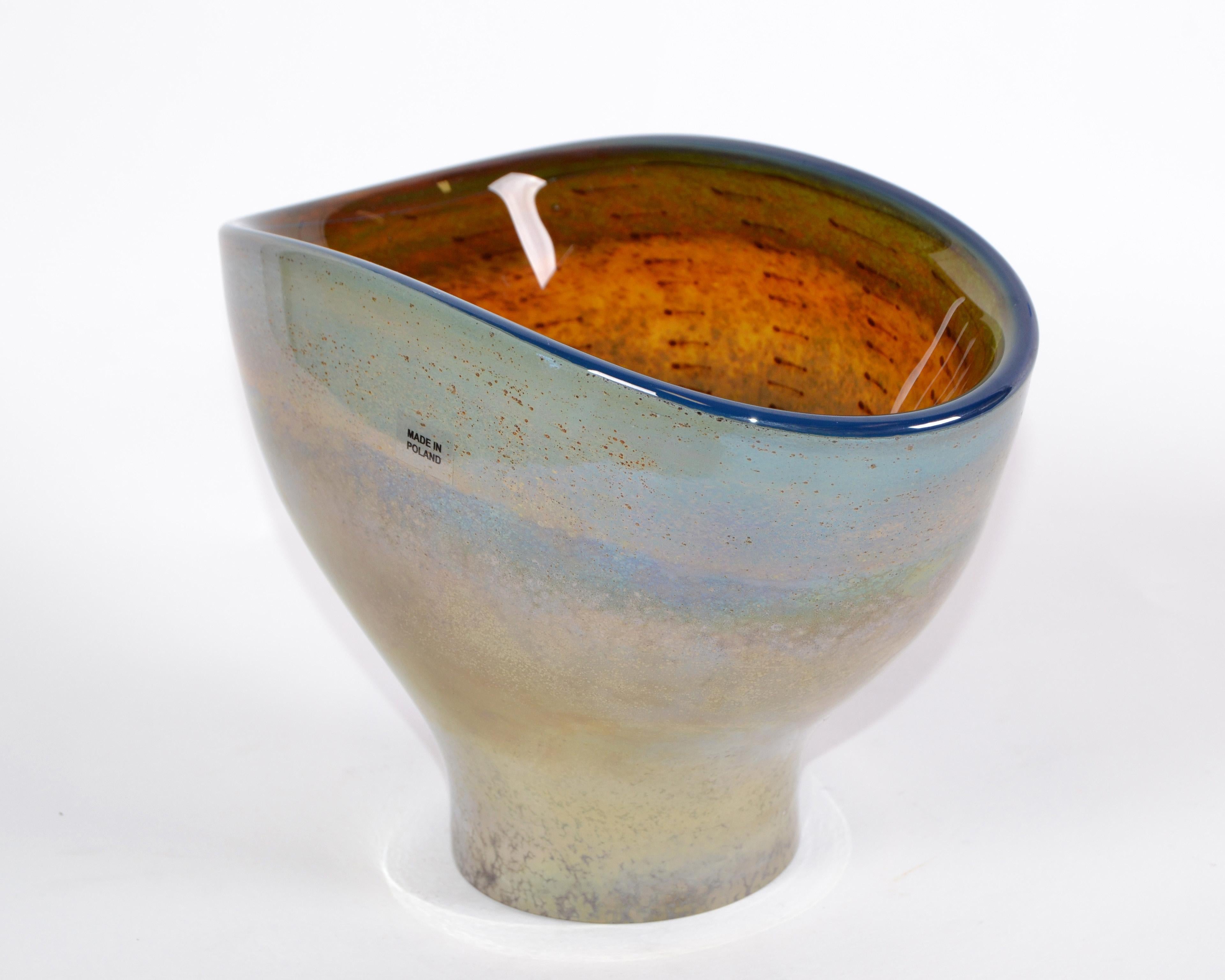 20th Century Mid-Century Modern Art Glass Bowl Green, Blue & Bronze Dust Made in Poland, 1980