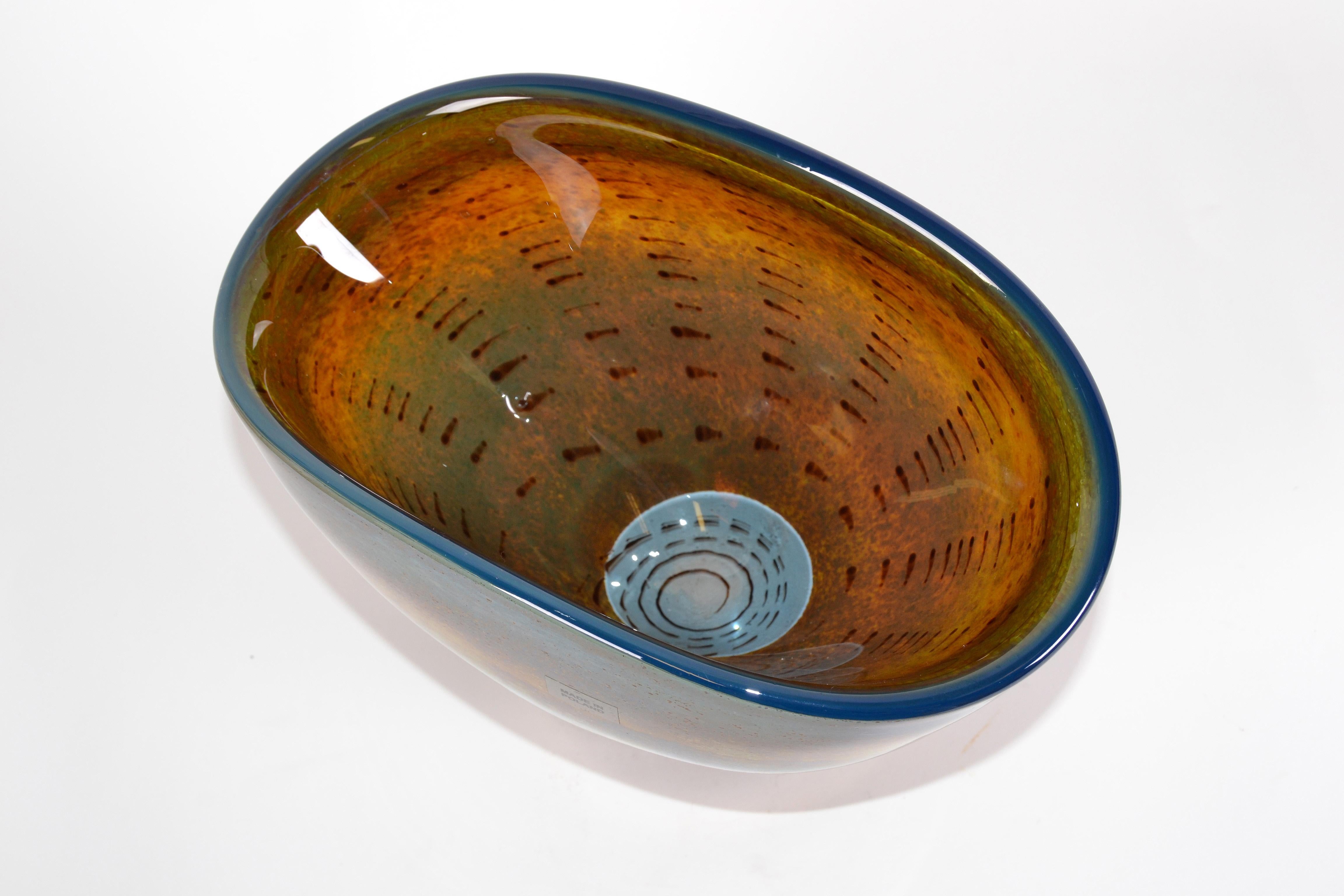 Blown Glass Mid-Century Modern Art Glass Bowl Green, Blue & Bronze Dust Made in Poland, 1980