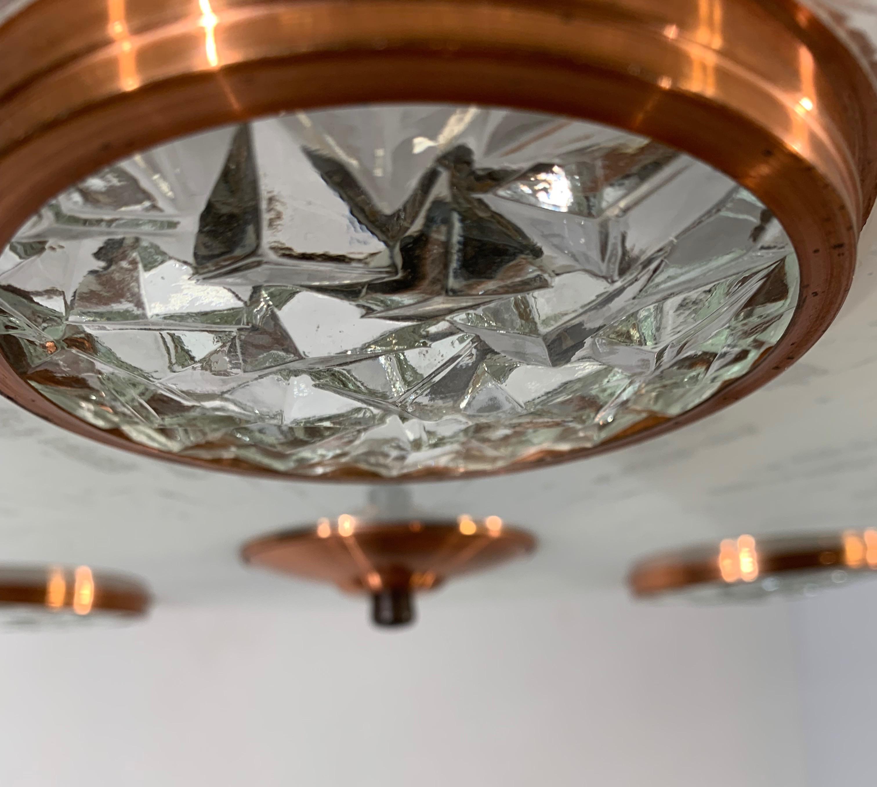 20th Century Vintage Midcentury Modern Art Glass Flush Mount / Pendant, Built-In 'Spotlights' For Sale