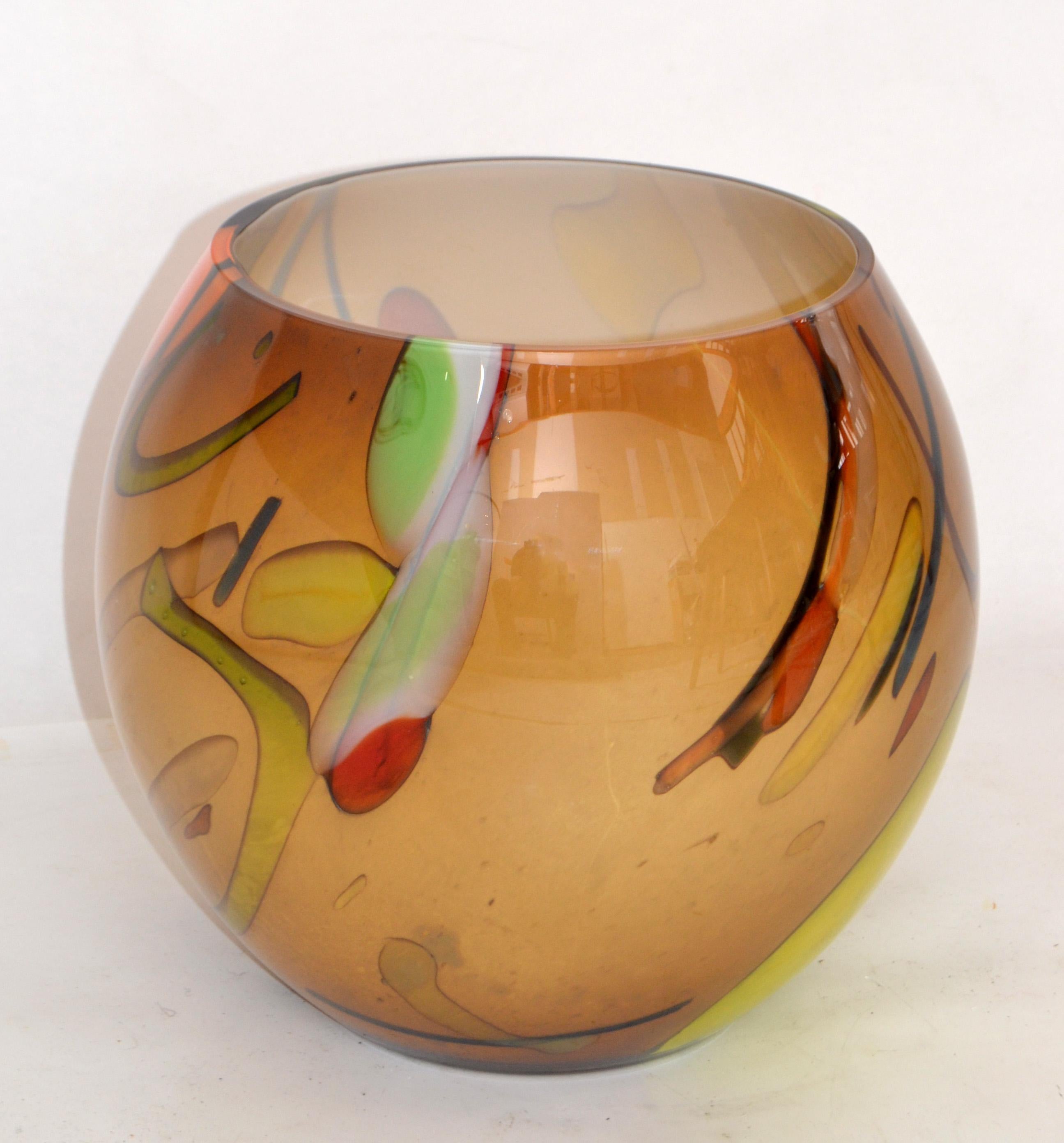 Polish Mid-Century Modern Art Glass Hues of Brown Round Vase Made in Europe Poland 1980 For Sale