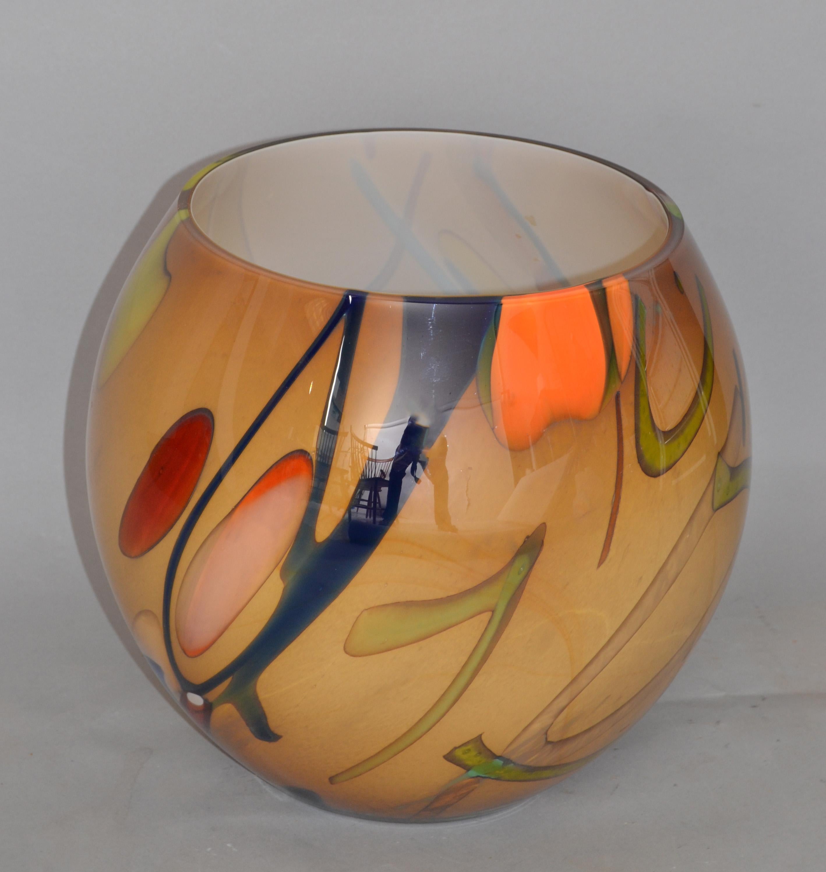 Hand-Crafted Mid-Century Modern Art Glass Hues of Brown Round Vase Made in Europe Poland 1980 For Sale