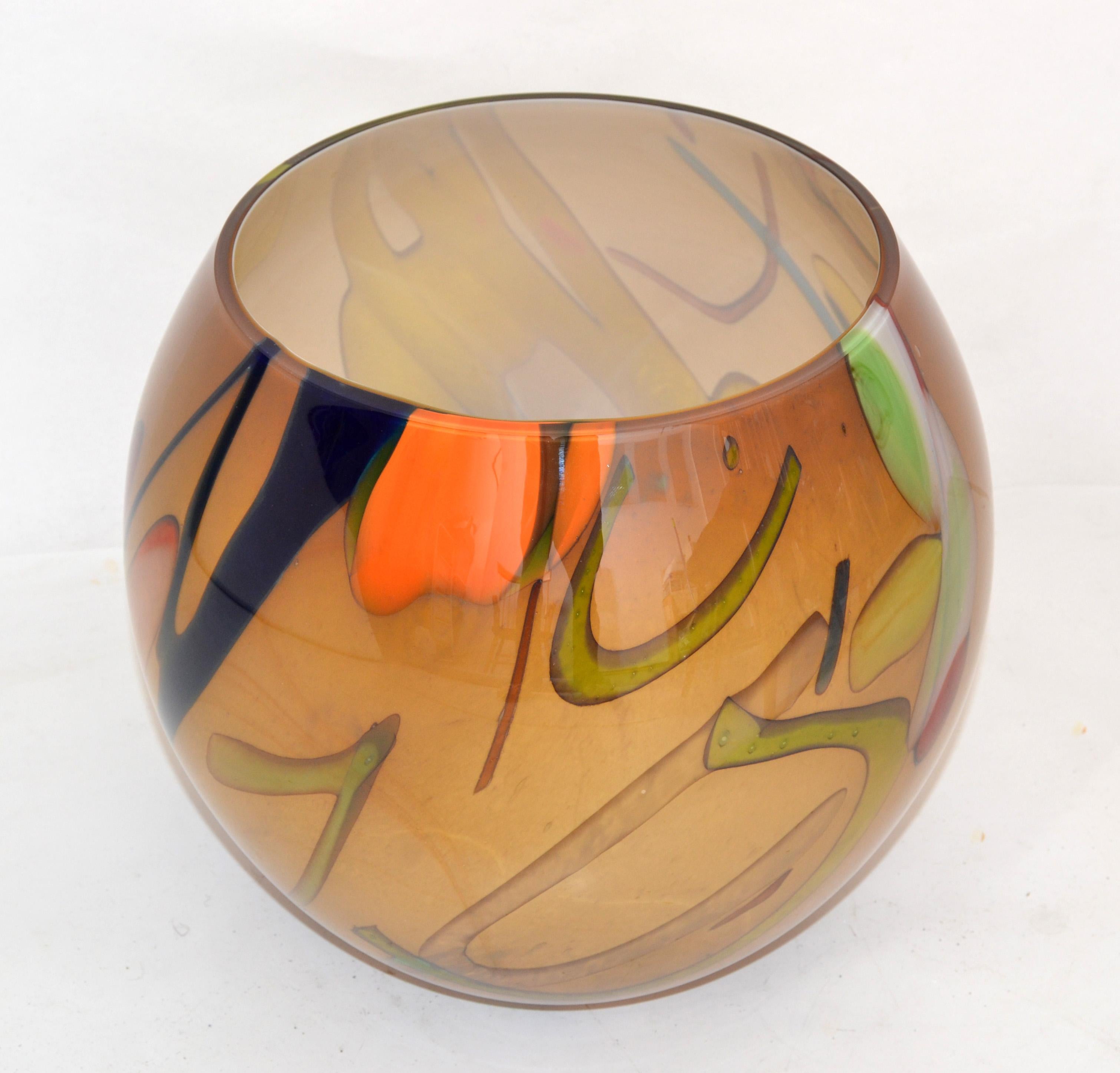 Blown Glass Mid-Century Modern Art Glass Hues of Brown Round Vase Made in Europe Poland 1980 For Sale