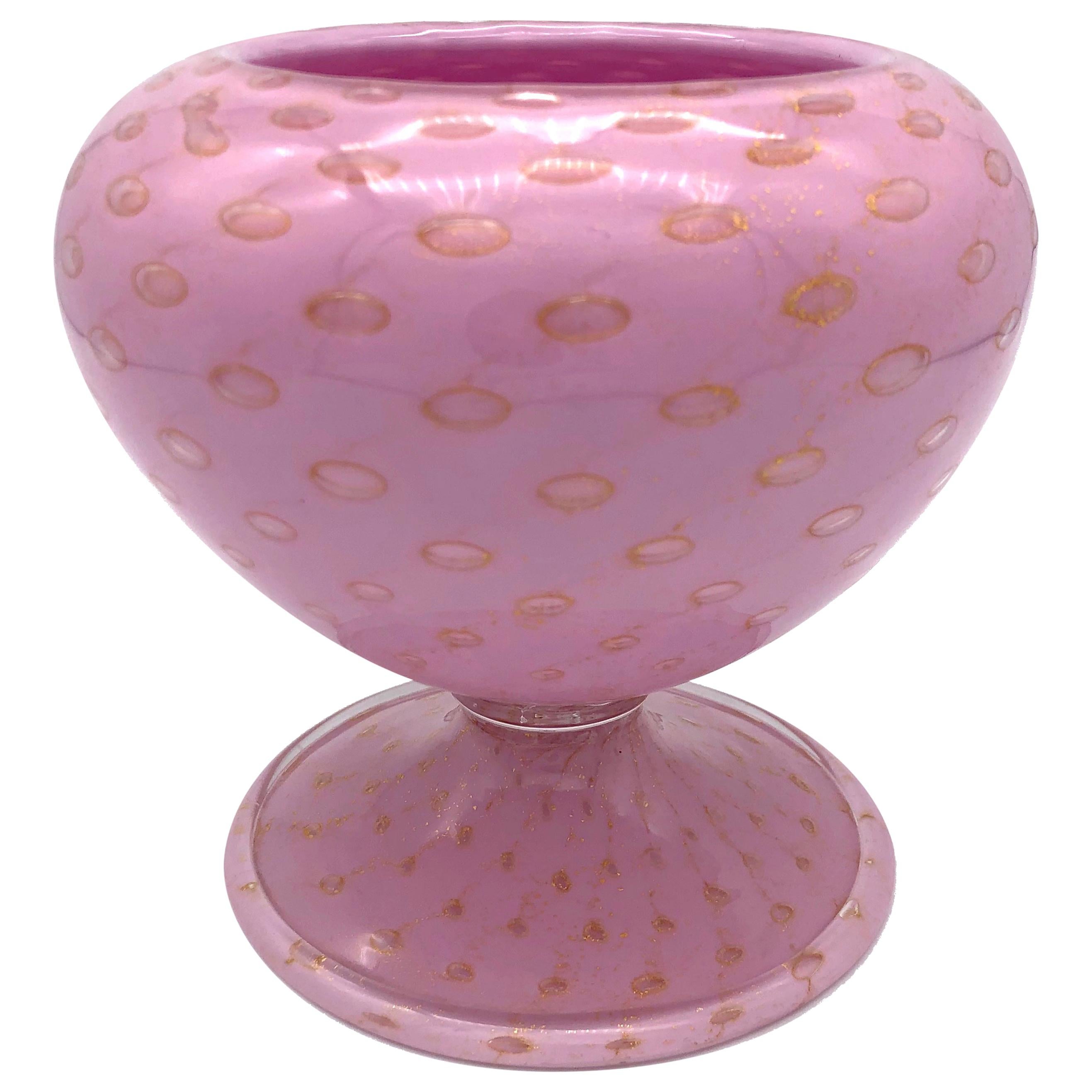 Mid-Century Modern Art Glass Salviati Murano Italy Pink Gold Bubbles