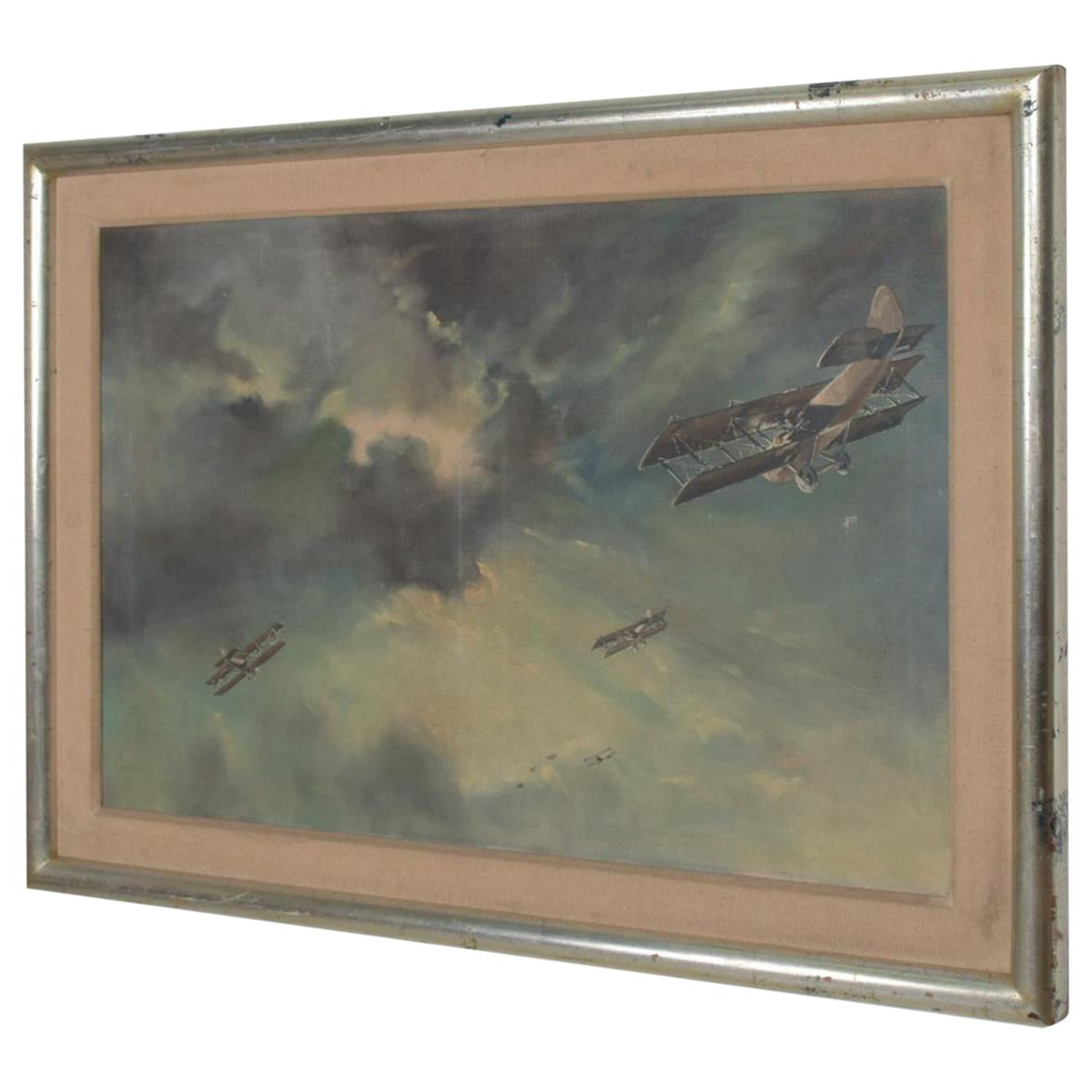 1950s Mid Century Modern Aviation Painting Vintage Airplane Art, Oil on Canvas