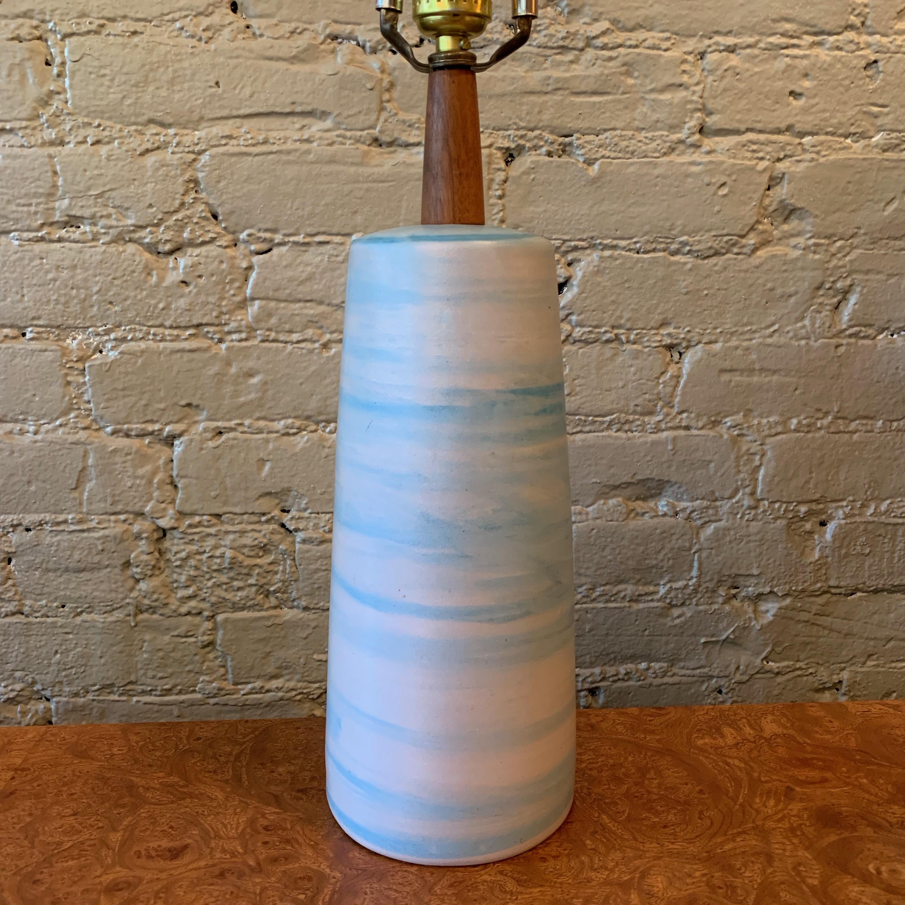 American Mid-Century Modern Art Pottery Swirled Light Blue Table Lamp by Gordon Martz