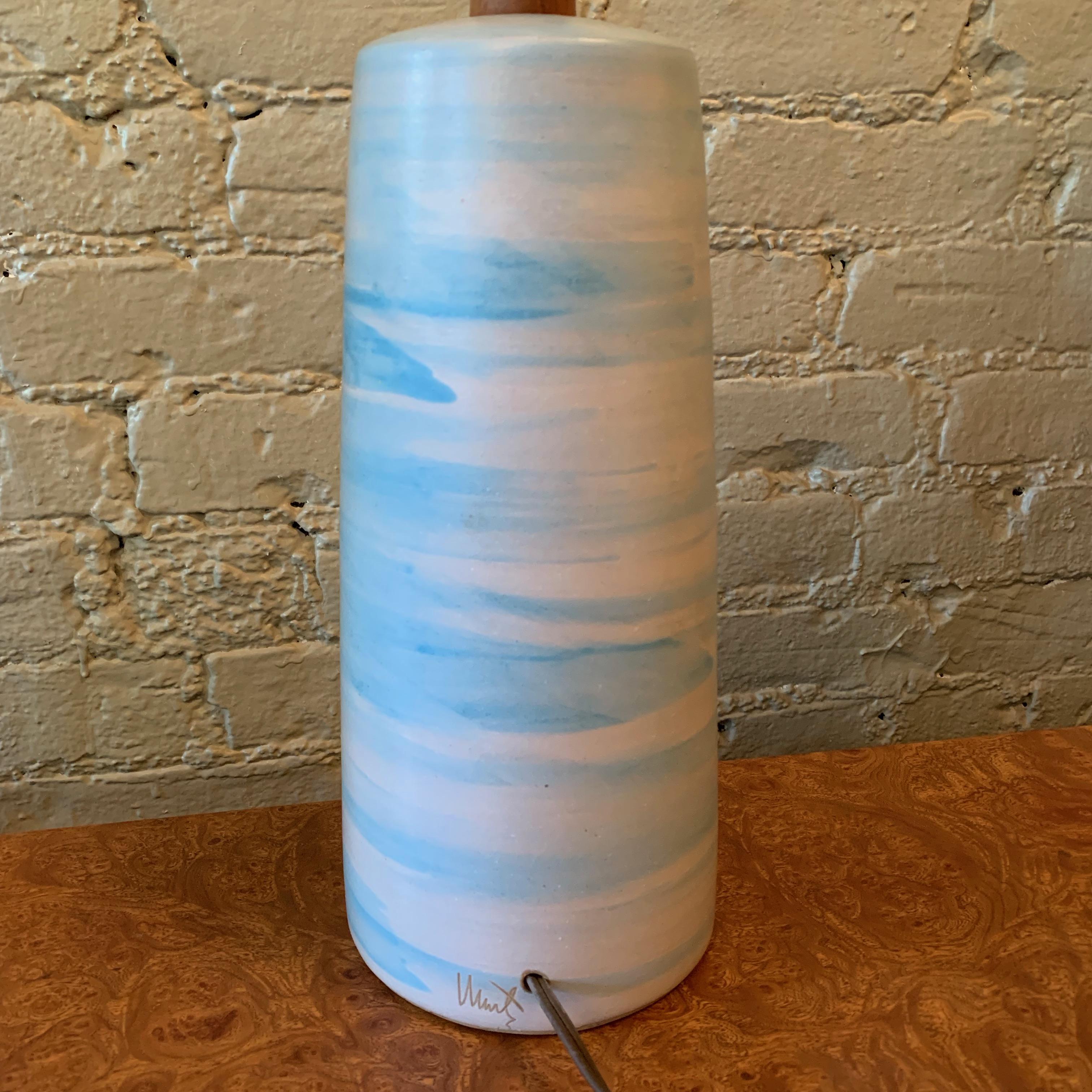20th Century Mid-Century Modern Art Pottery Swirled Light Blue Table Lamp by Gordon Martz